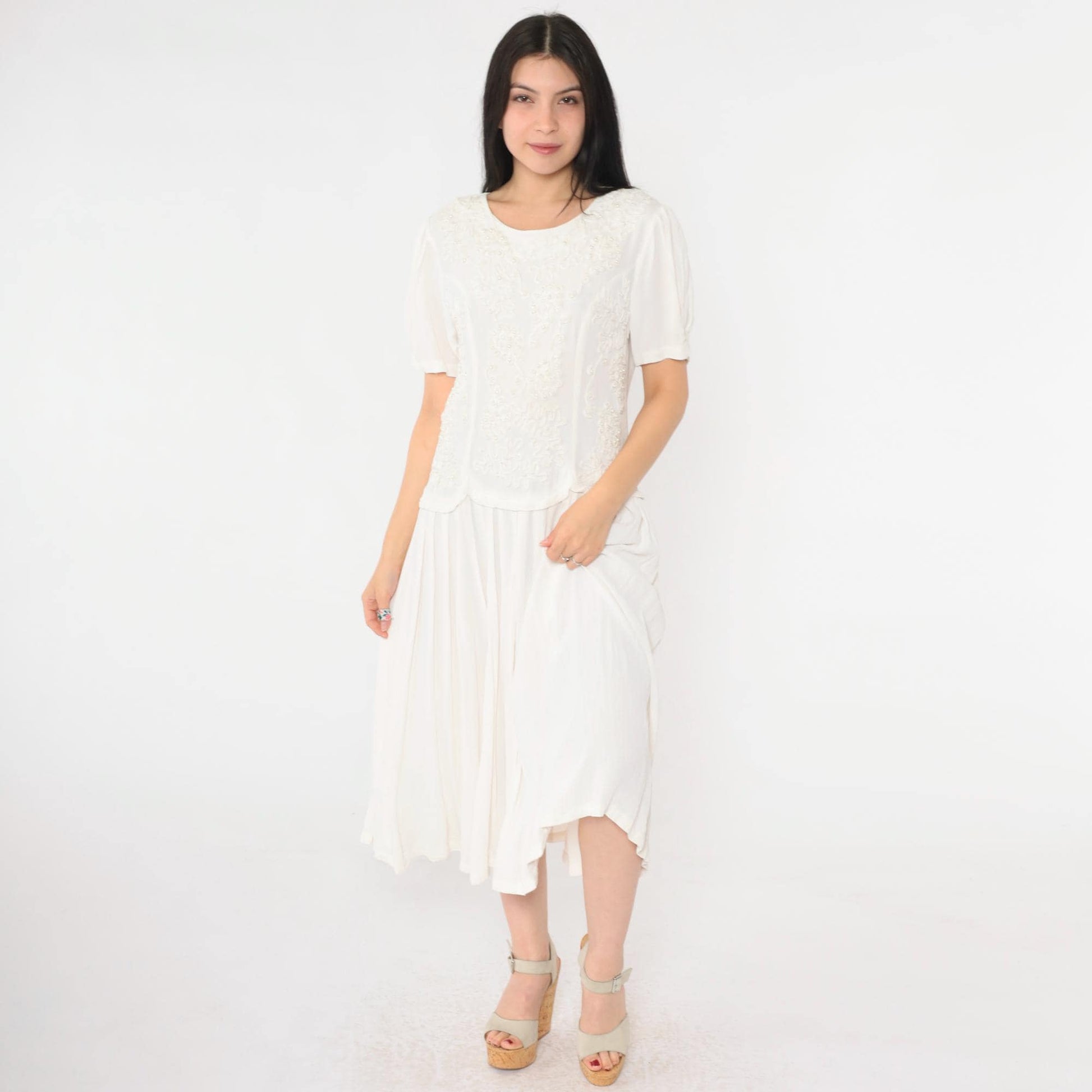 90s Sarin White Beaded Soutache Midi Dress Puff Sleeve Low Waist Small