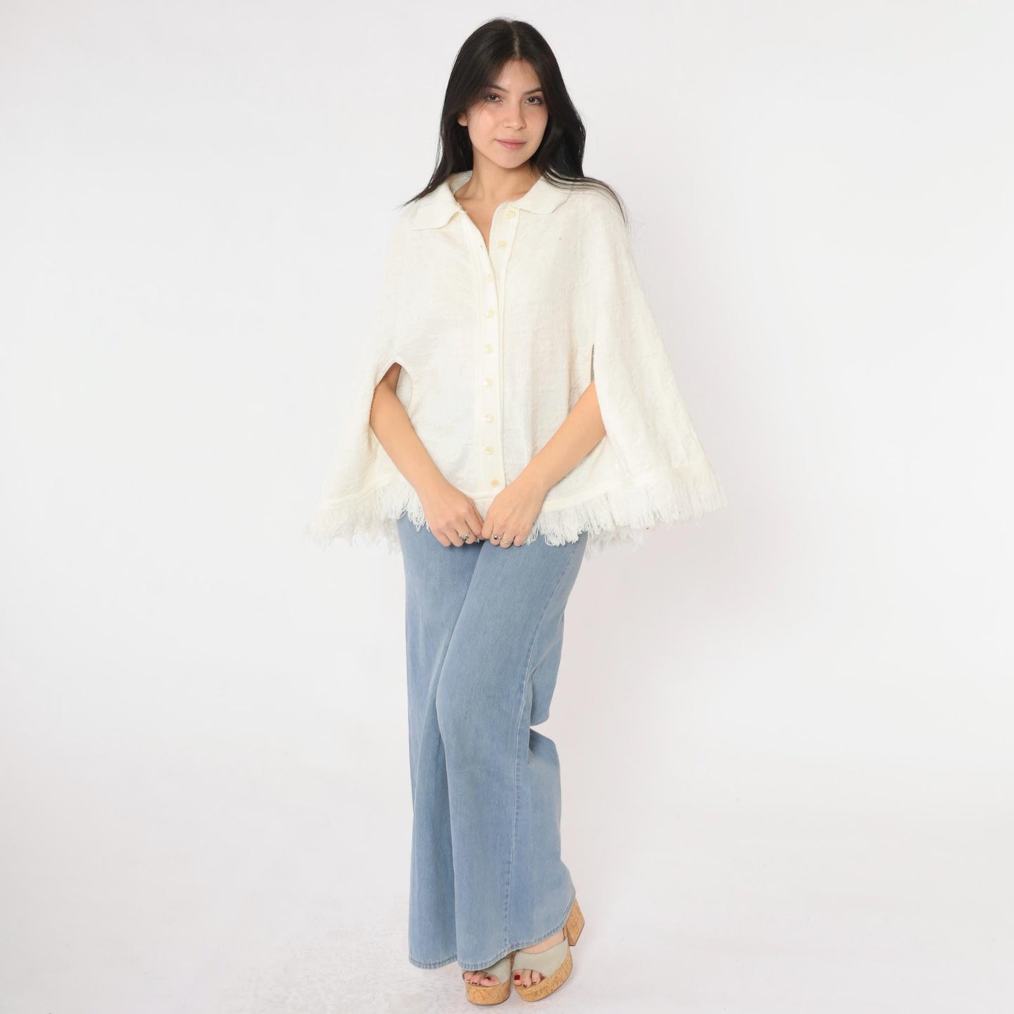 70s White Knit Poncho Button-Up Cape Fringe Trim One Size