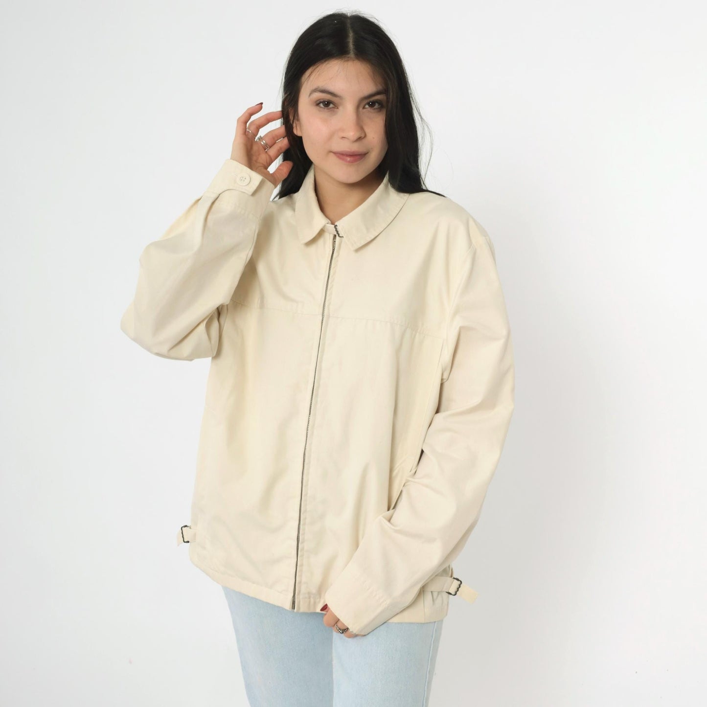 80s Cream Windbreaker Jacket Full Zip Bomber Neck Buckle Men's Medium