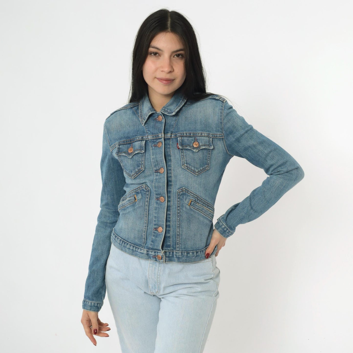 Y2K Levi's Denim Jacket Cropped Blue Jean Fitted Stretch Extra Small