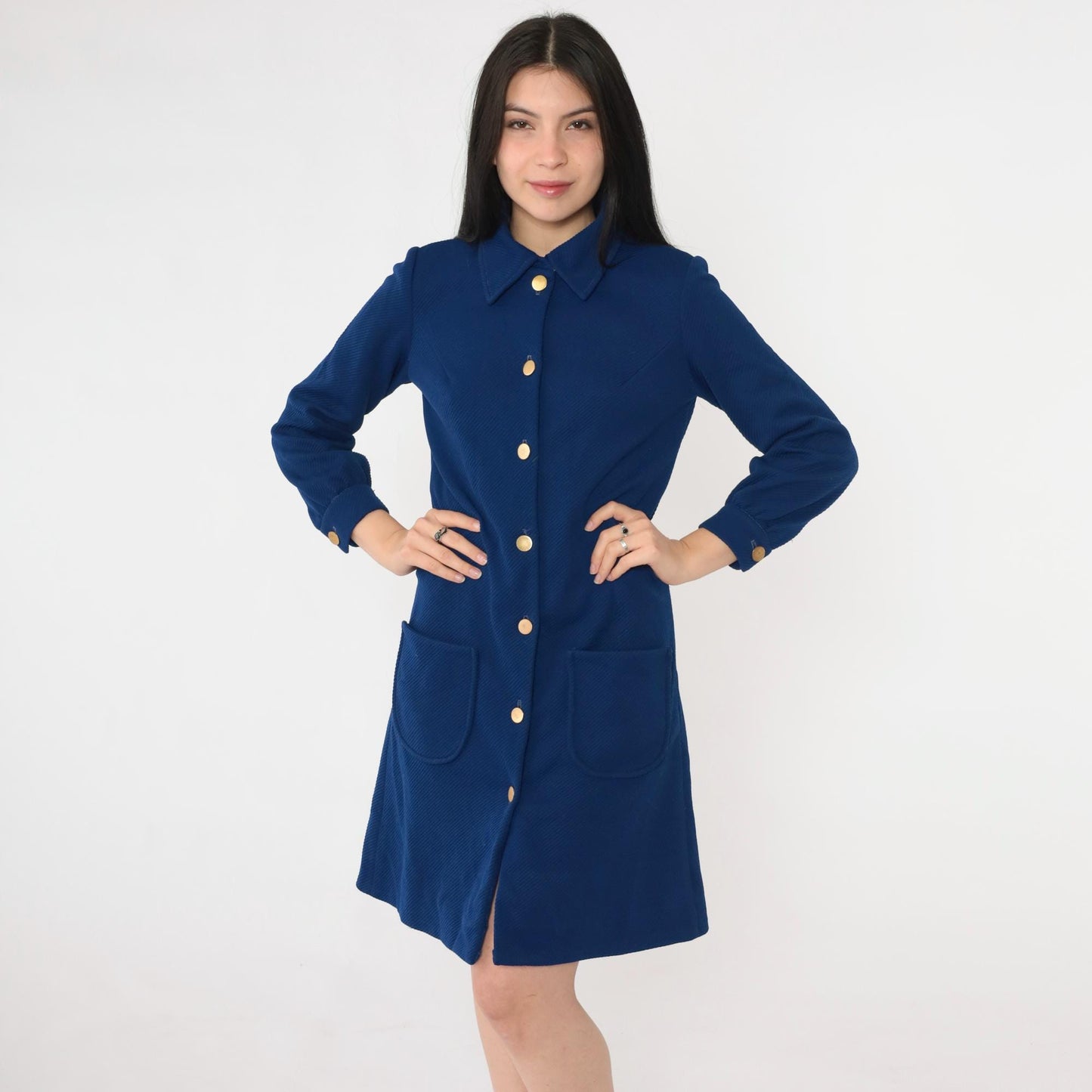 70s Mod Navy Mini Shift Dress Pointed Collar Long Sleeve Button Up Small Medium