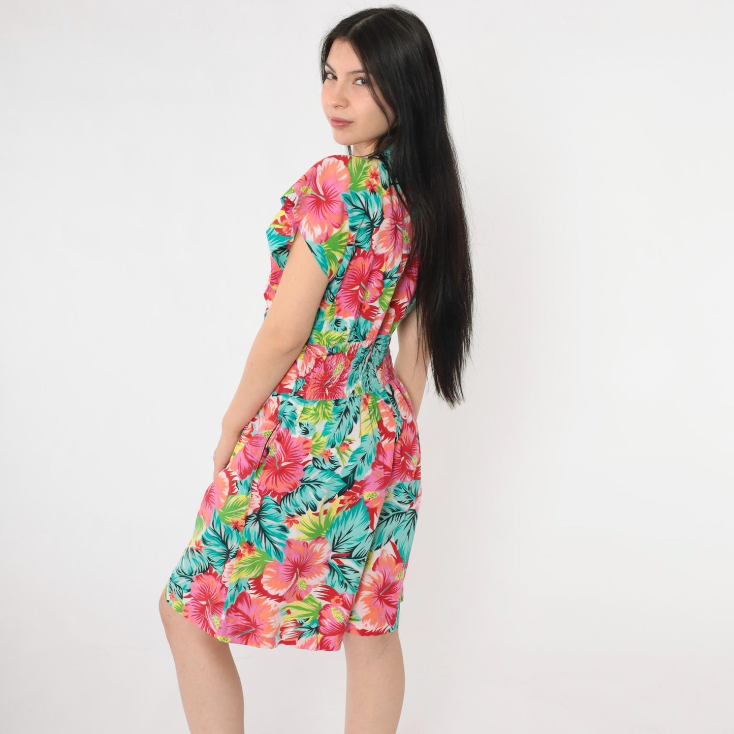 80s Tropical Floral Romper Playsuit Cotton Cap Sleeve High Waist Medium