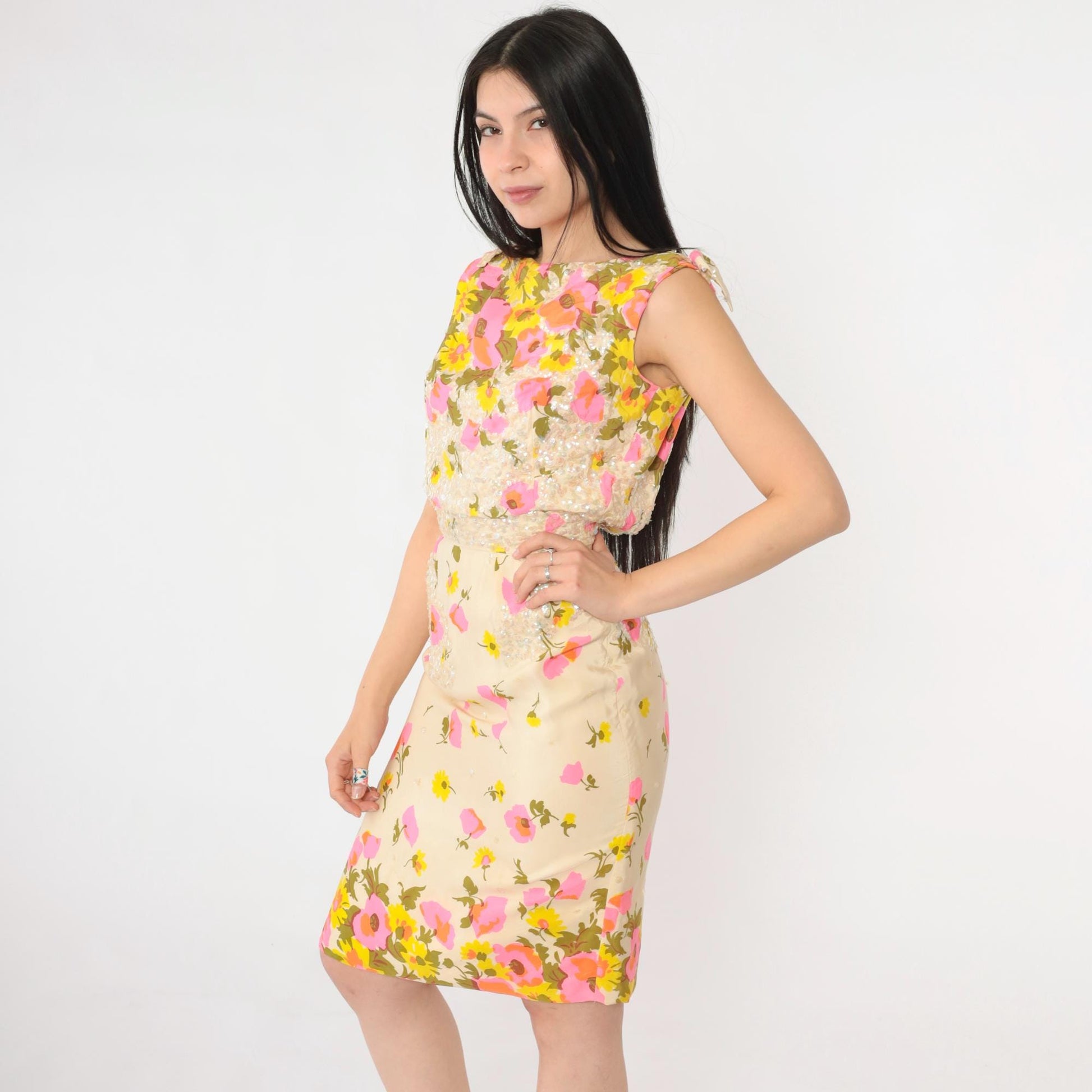 60s Pat Sandler Floral Sequin Cocktail Dress Cream Pink Yellow Extra Small