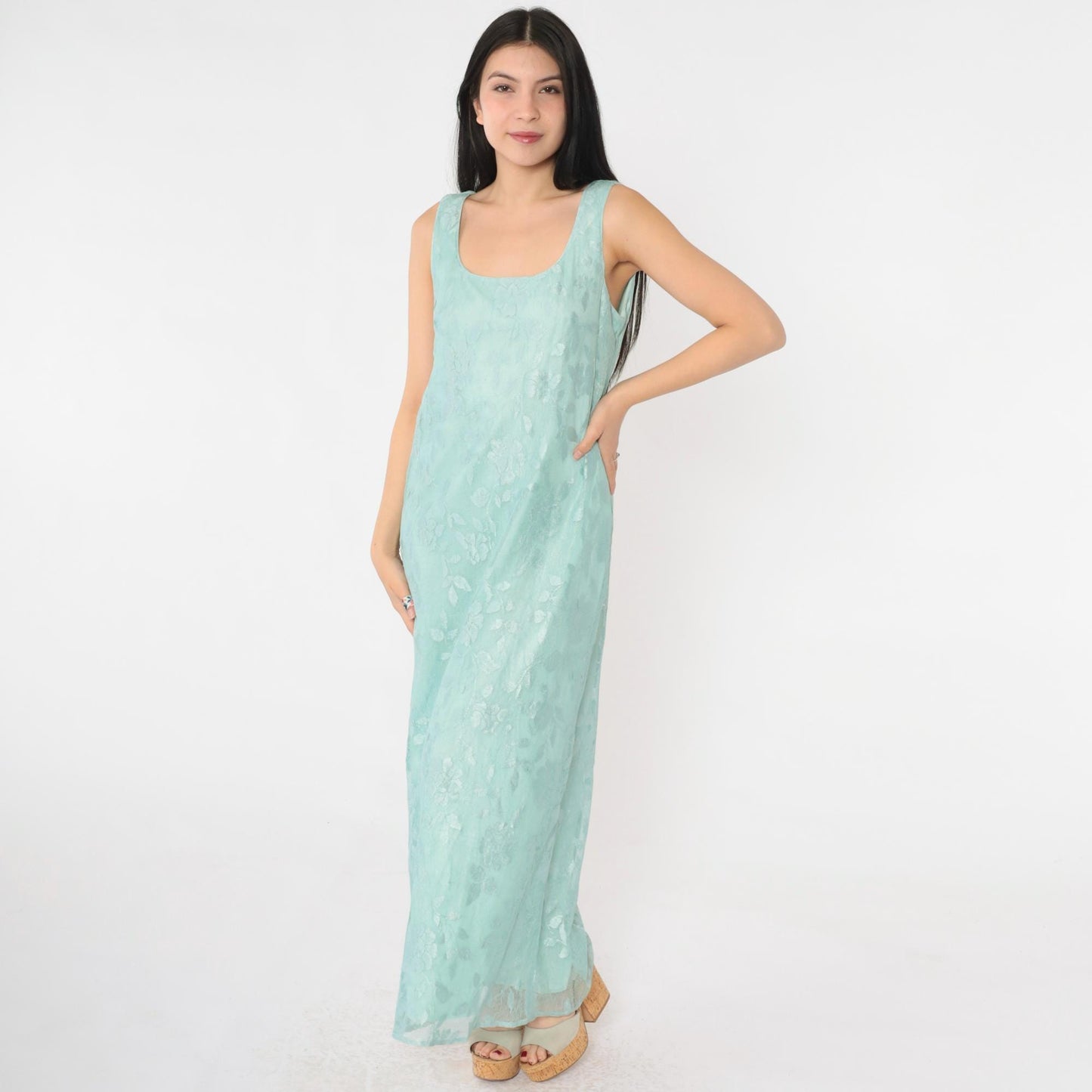 90s Seafoam Net Lace Maxi Dress Floral Embroidered Scoop Neck Small