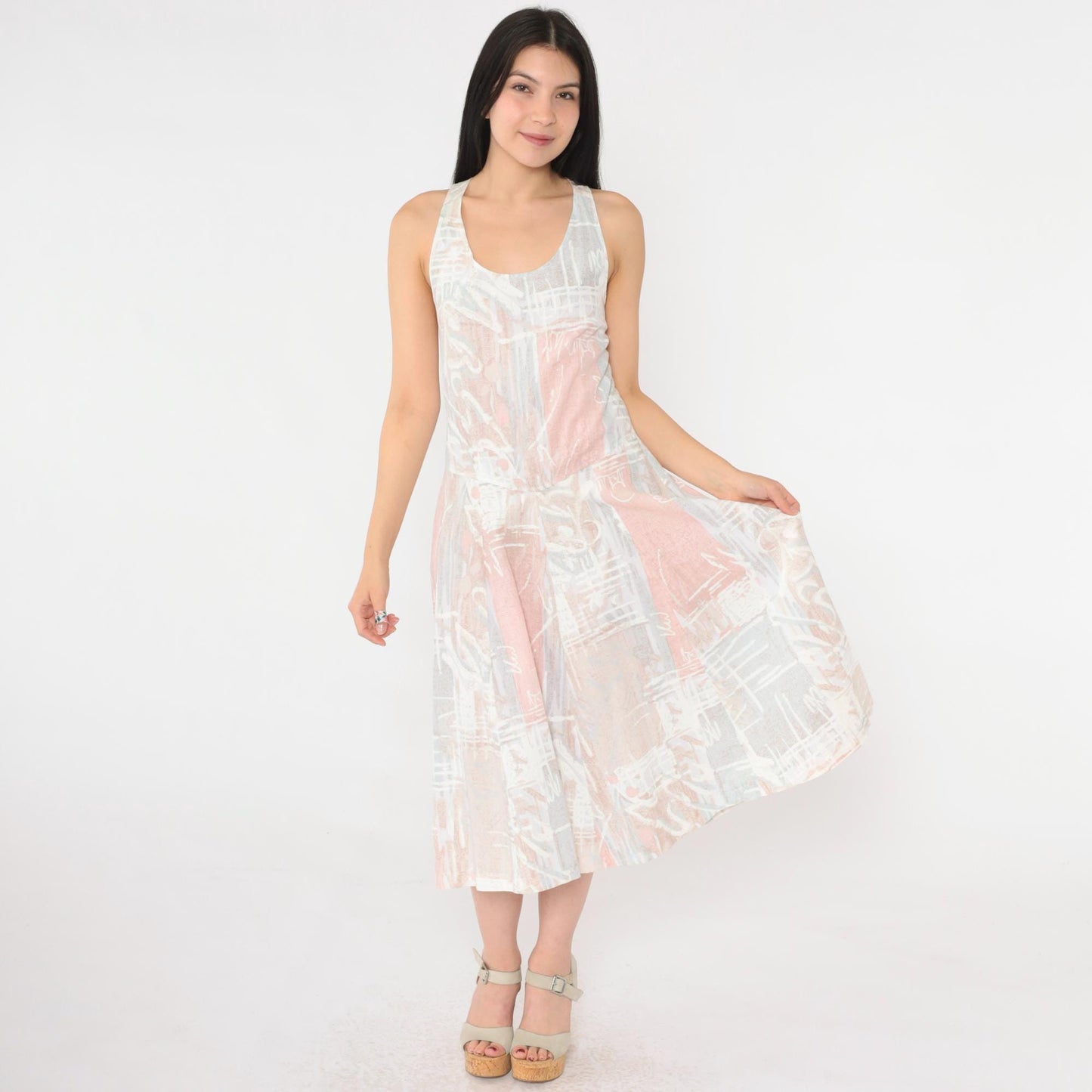 80s Pastel Abstract Print Midi Sundress Criss-Cross Tank Strap Small