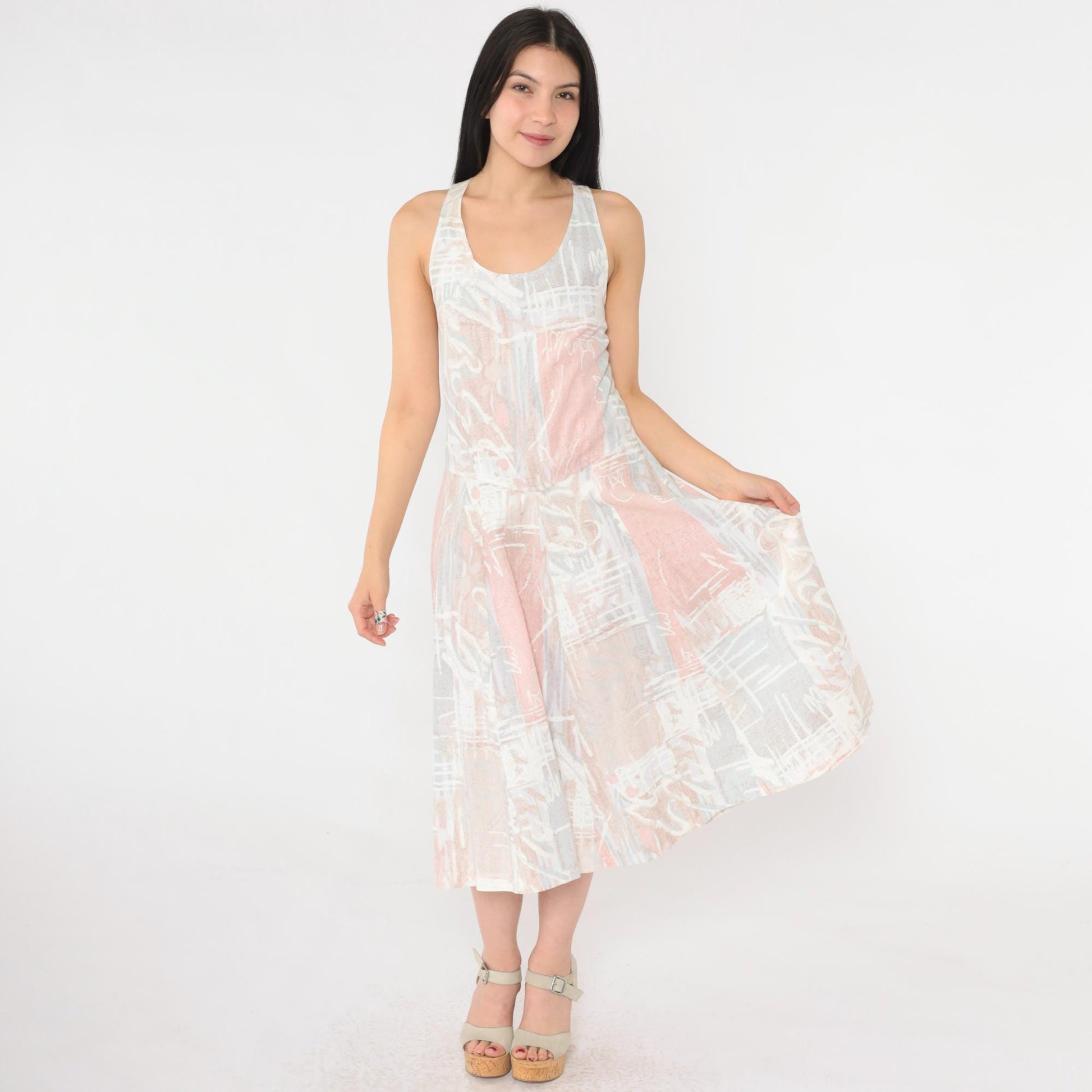 80s Pastel Abstract Print Midi Sundress Criss-Cross Tank Strap Small