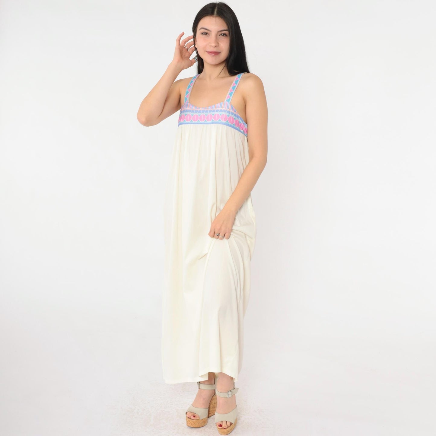 70s Cream Maxi Dress Sleeveless Geometric Trim Sweetheart Neckline Extra Small