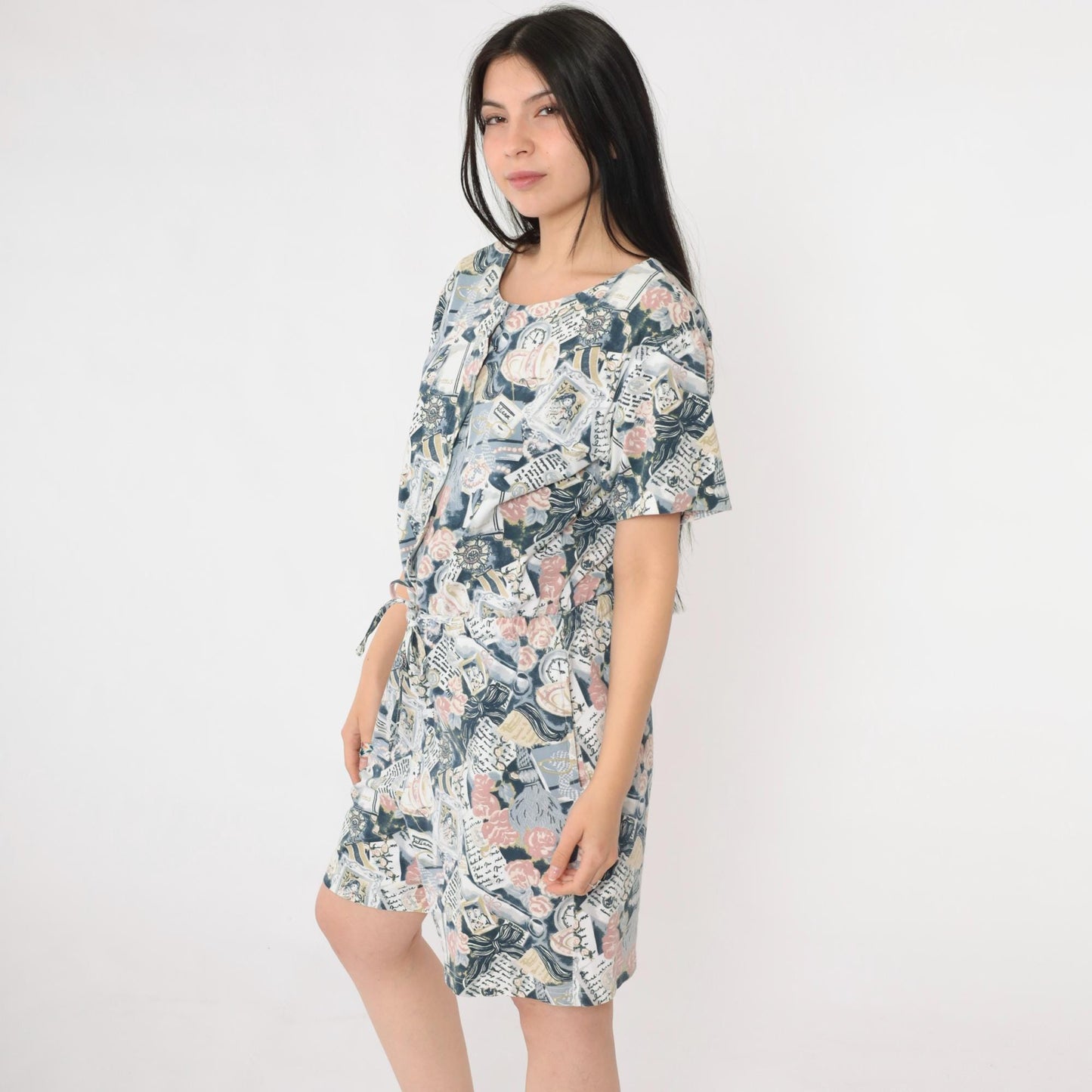 90s Abstract Print Romper Teacup Newspaper Button Front Drawstring Medium M