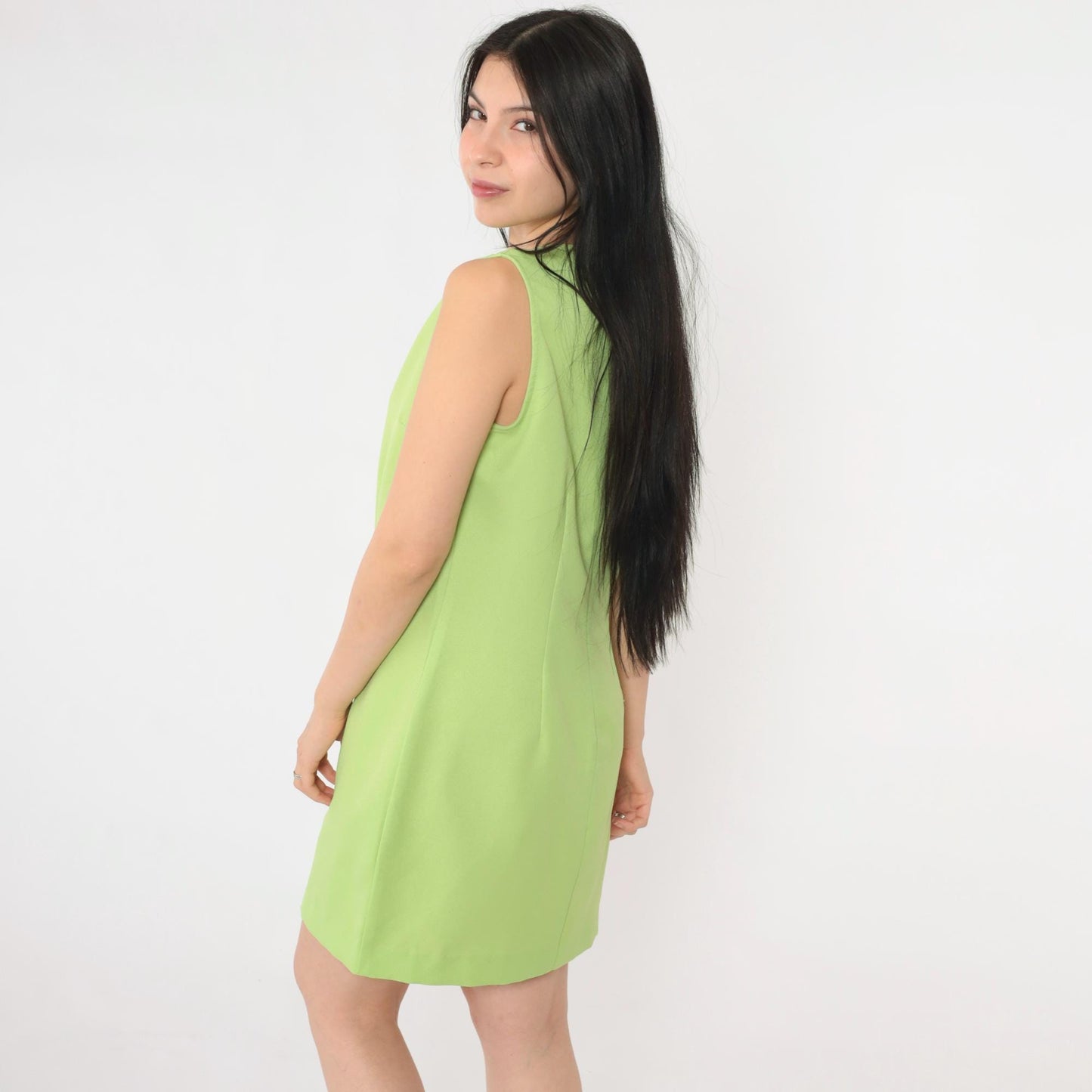 90s Lime Green Sleeveless Mini Dress Sheath Cut Medium 8