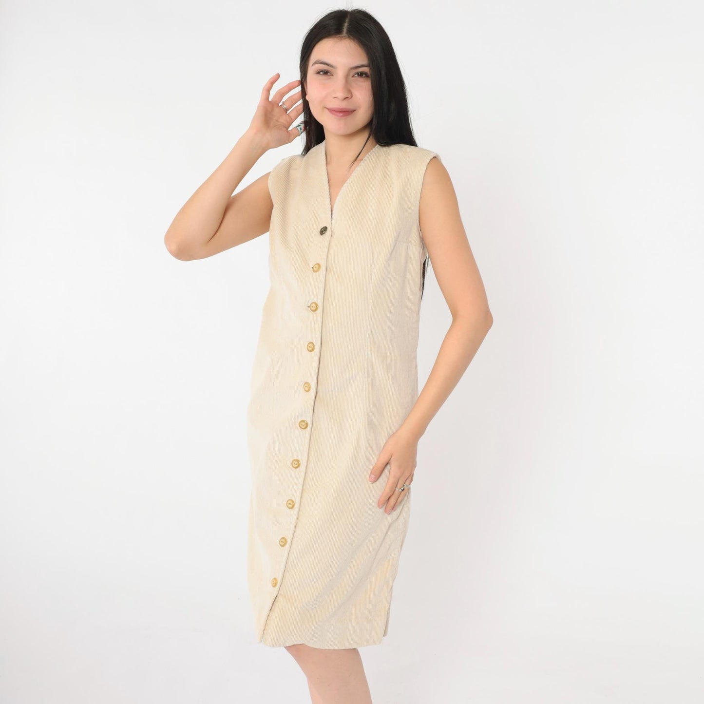 90s Beige Corduroy Button-Up Dress Sleeveless Knee-Length Jumper Small S