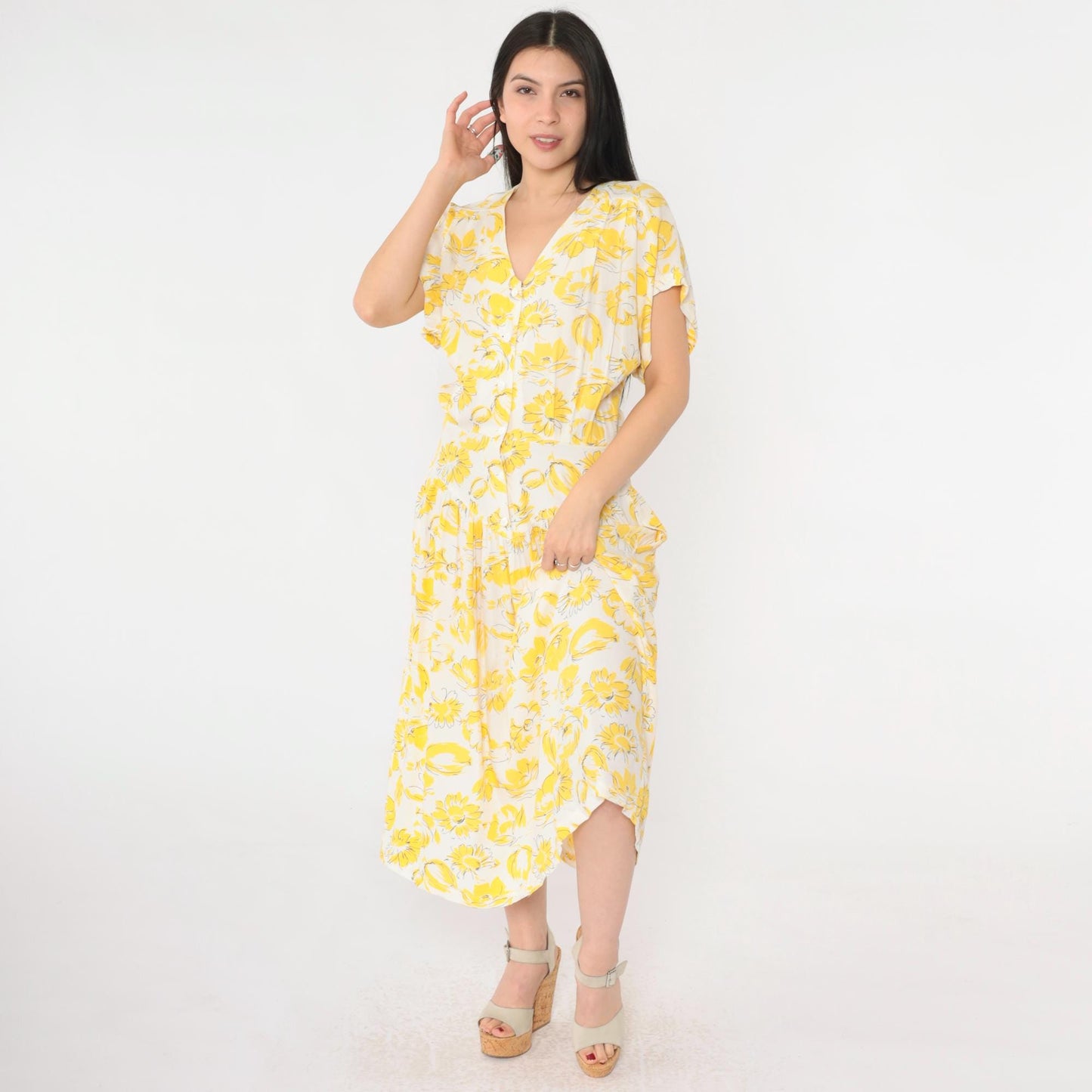 80s E.D. Michaels Yellow Floral Drop Waist Midi Dress V Neck Button Front Small