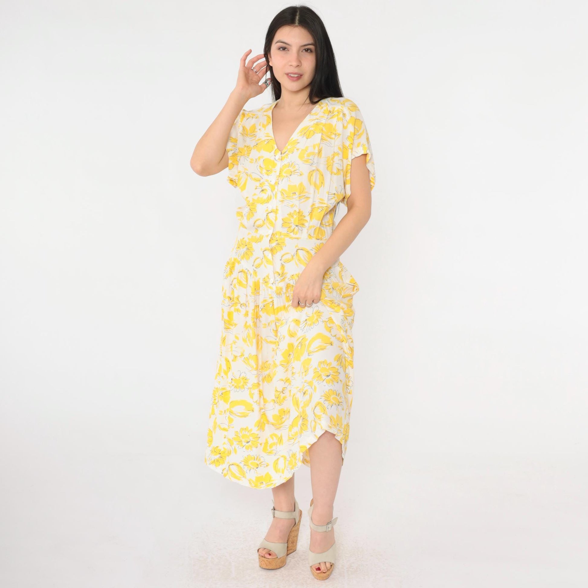 80s E.D. Michaels Yellow Floral Drop Waist Midi Dress V Neck Button Front Small