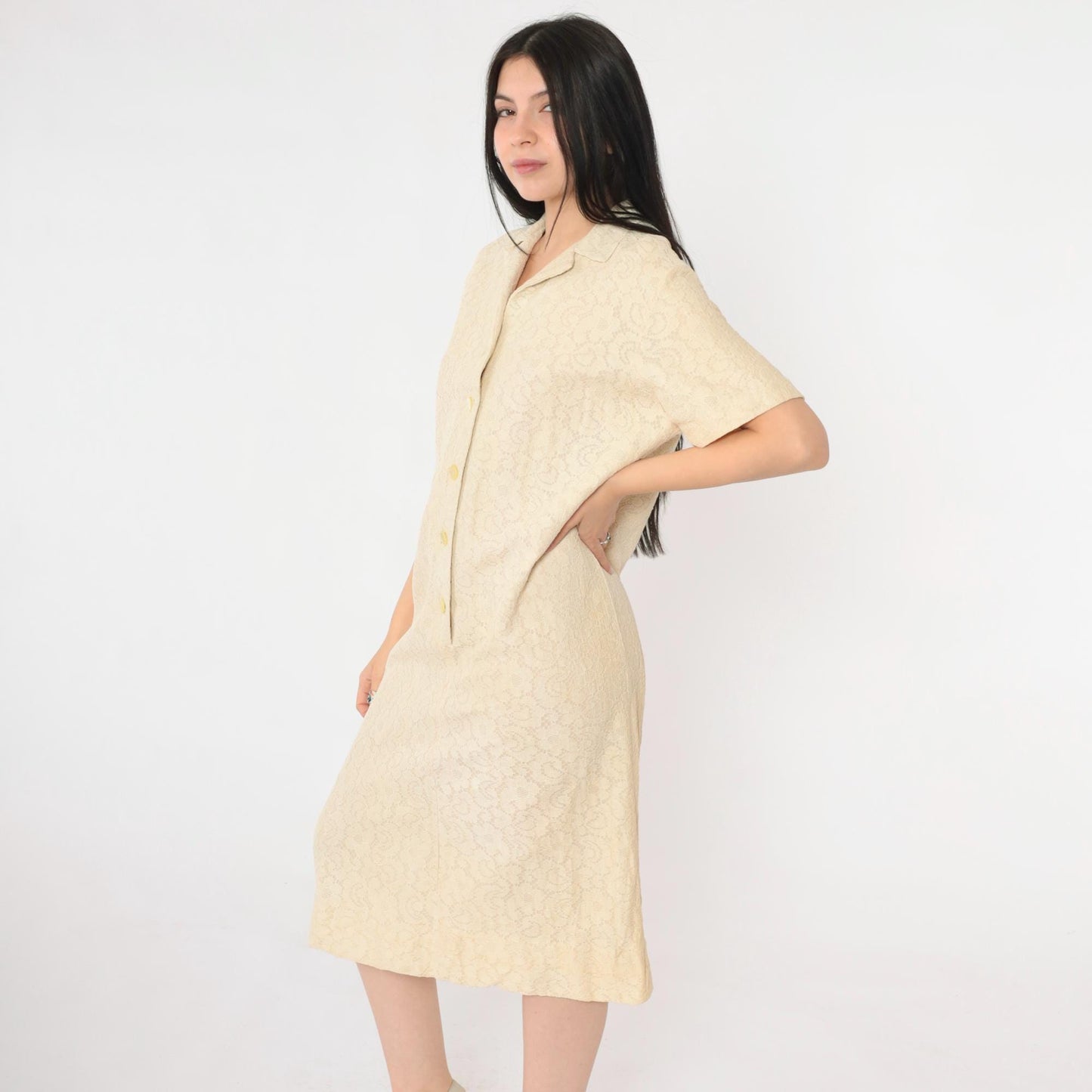 60s Cream Lace Shift Dress Button Front Knee Length Short Sleeve Medium M