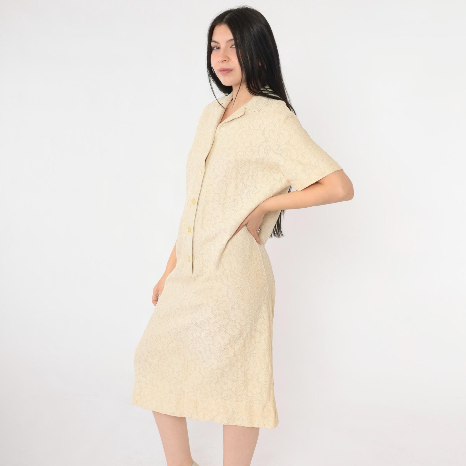 60s Cream Lace Shift Dress Button Front Knee Length Short Sleeve Medium M
