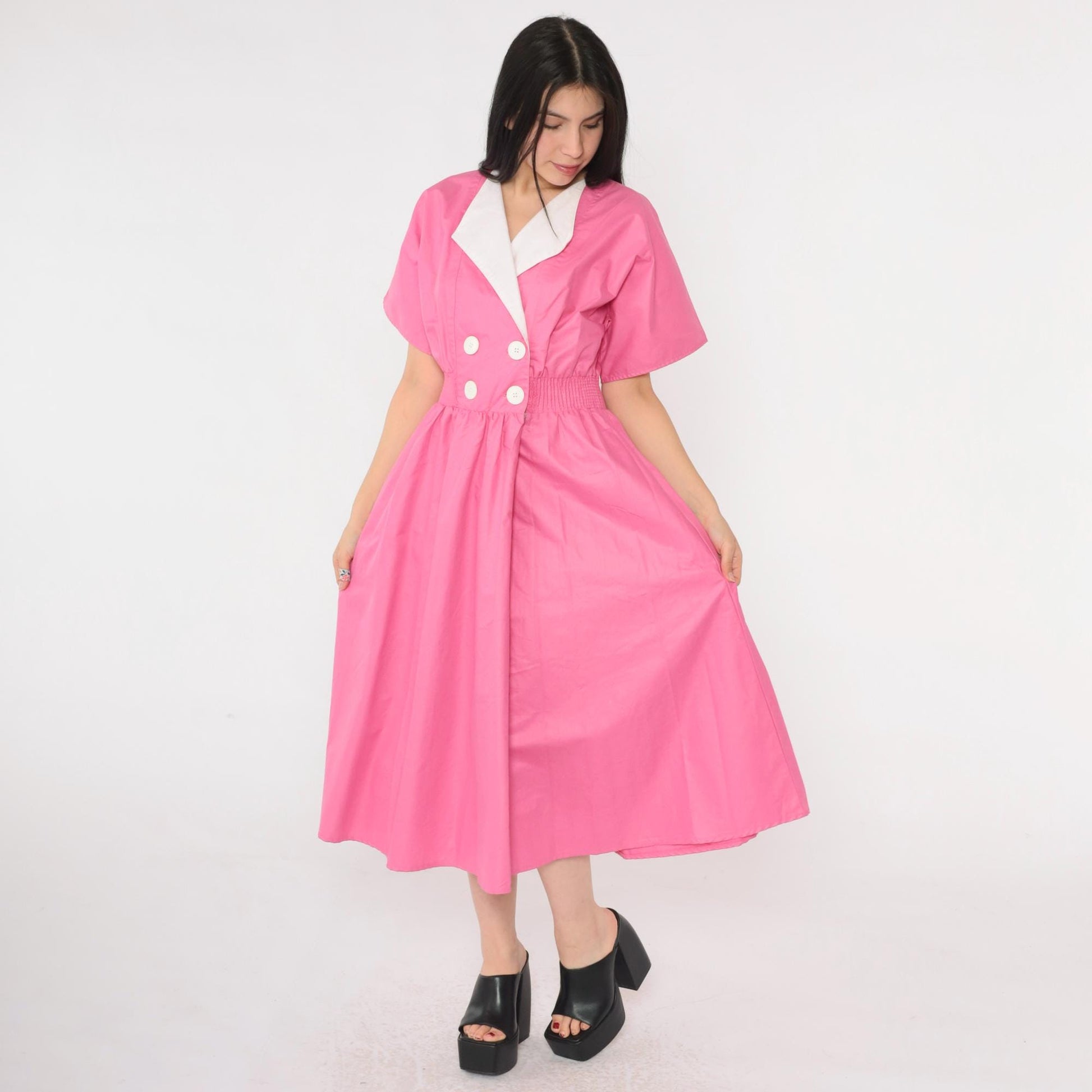 80s Pink Poplin Midi Dress White Lapel Double Breasted Elastic Waist Small