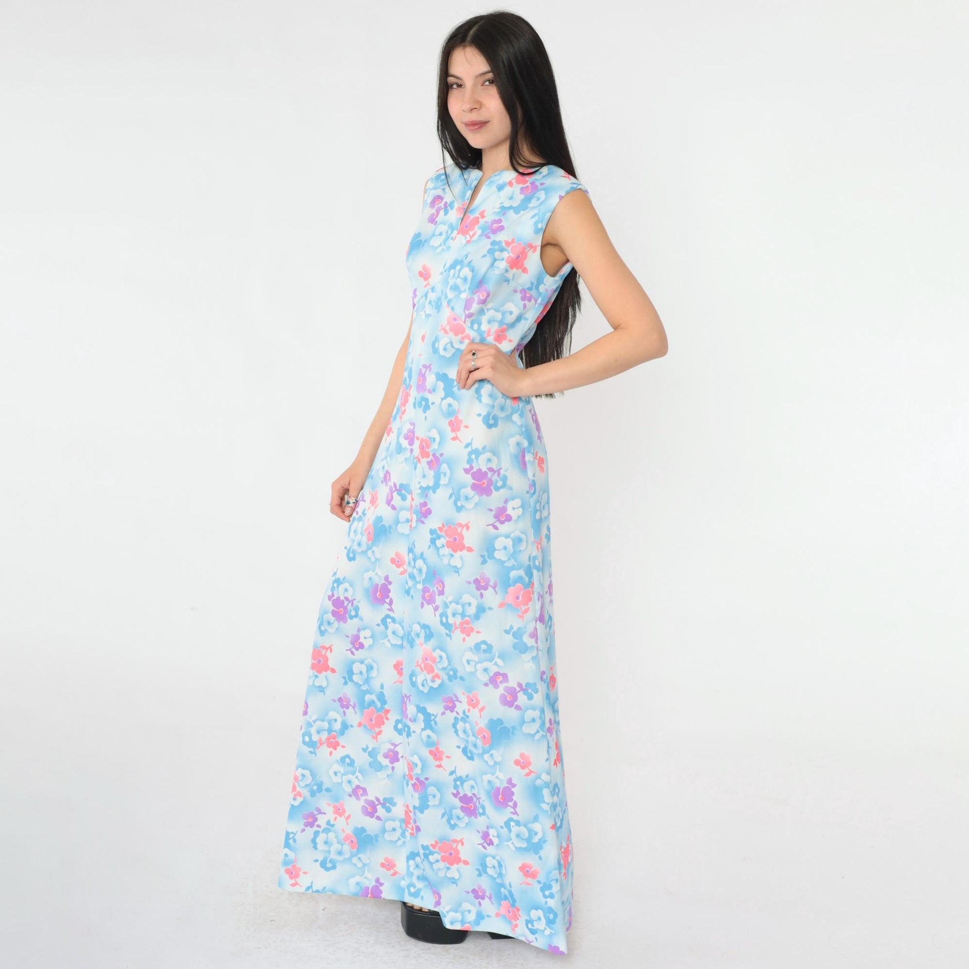 70s Floral Maxi Dress Blue Pink Botanical Print High Waist Slit Neck Small Medium