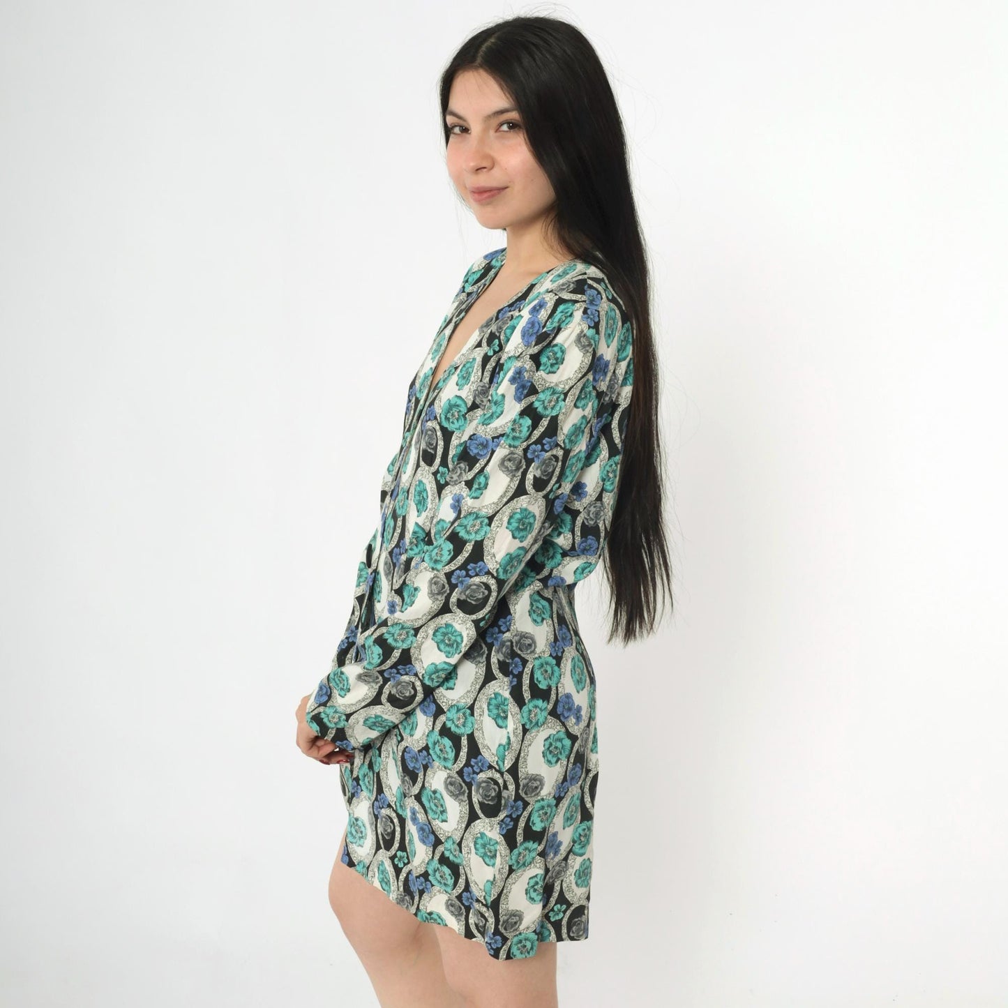 90s Young Edwardian Floral Blazer Deep V Neck Single Button Black White Blue Large