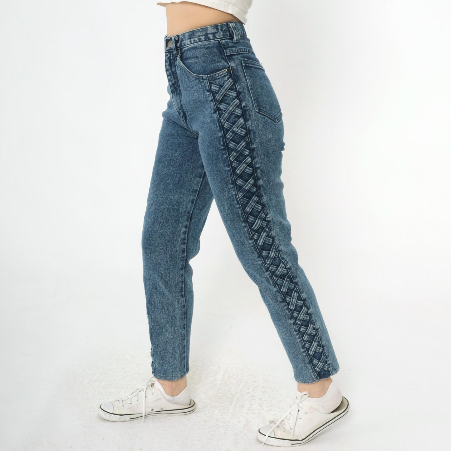 90s Blue Denim High Waist Tapered Jeans Lace Up Side Small S