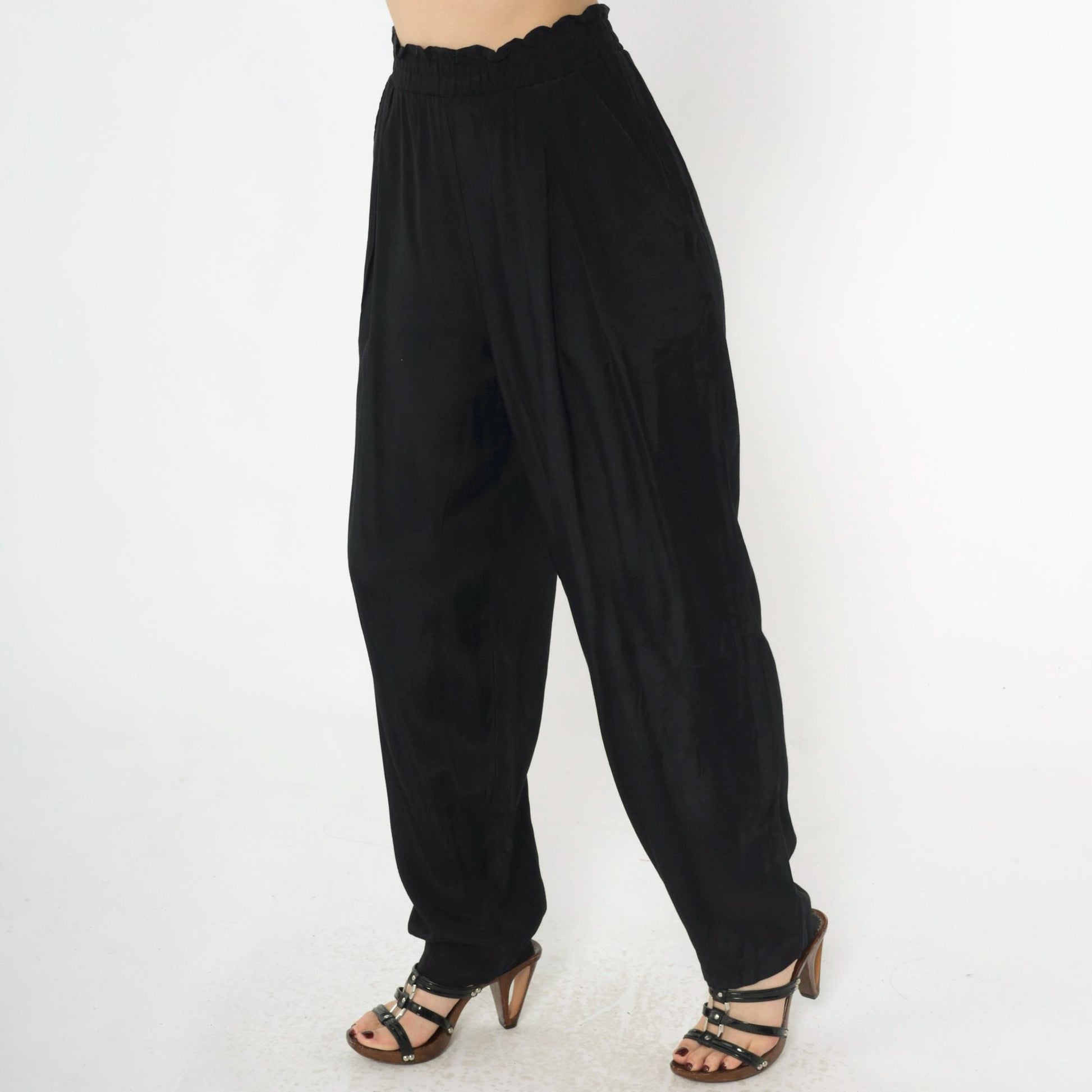 80s Black Pleated High-Waist Tapered Trousers Rayon Medium 10