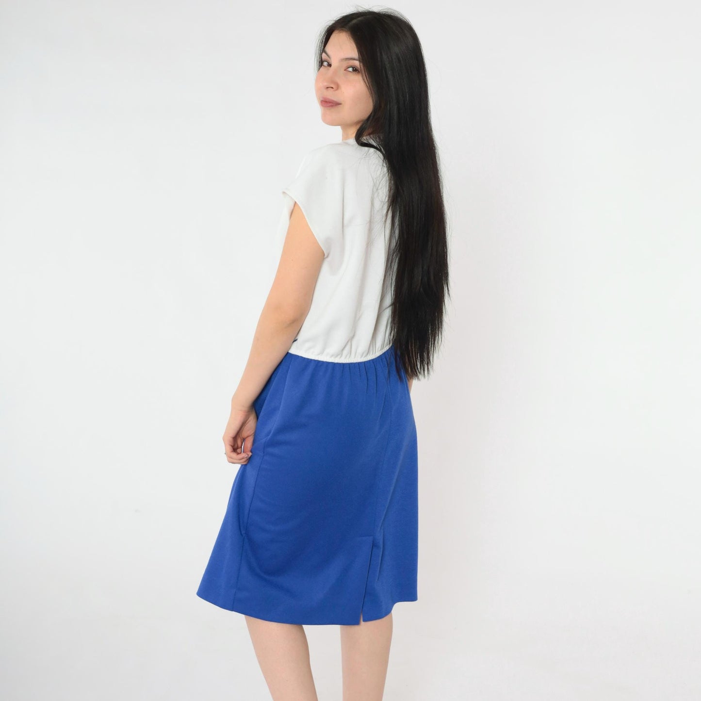 80s Leslie Fay Two-Tone Button-Up Midi Shirtdress Blue White Medium