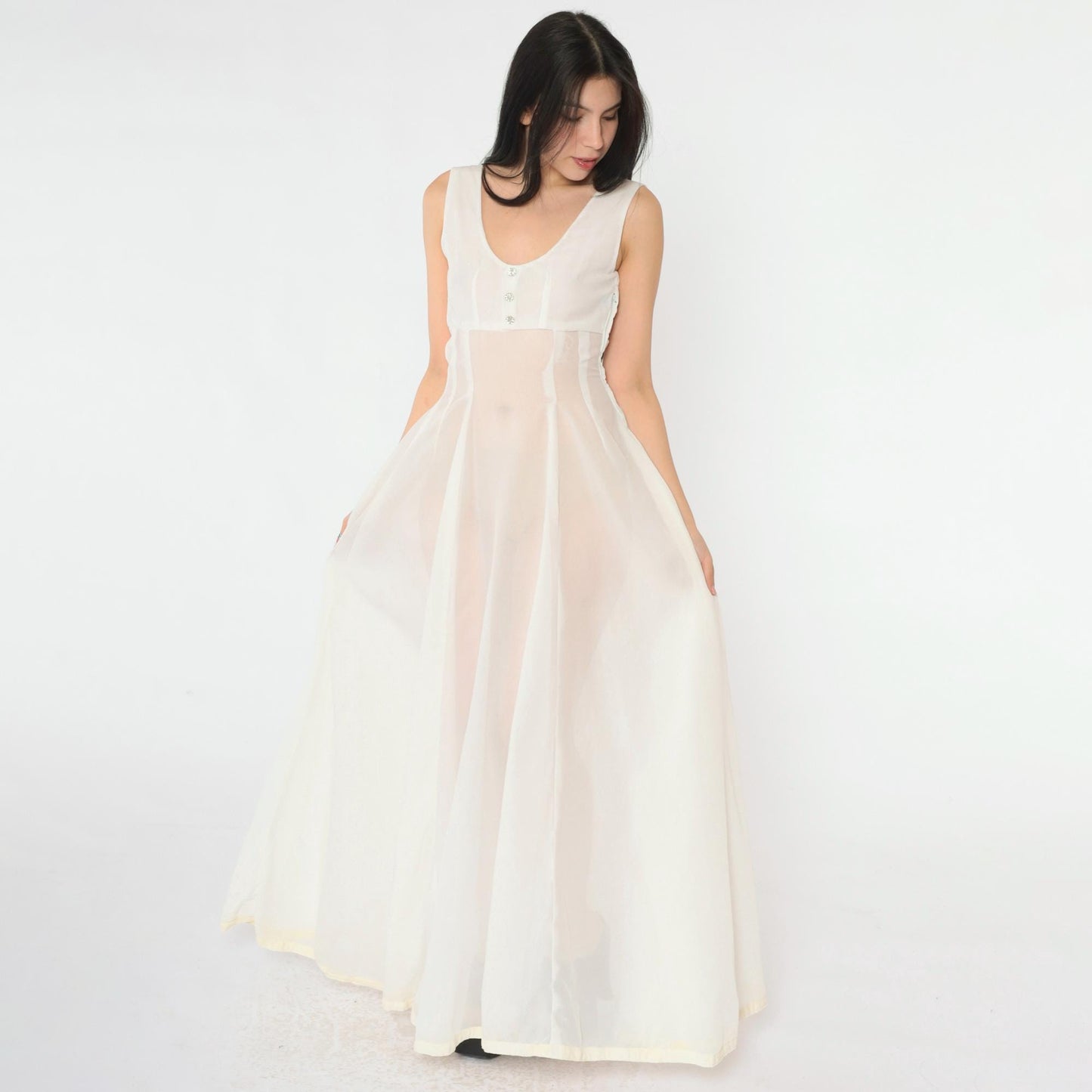 1940s Sheer White Sleeveless Gown Rhinestone Button Empire Waist Floor-Length Small
