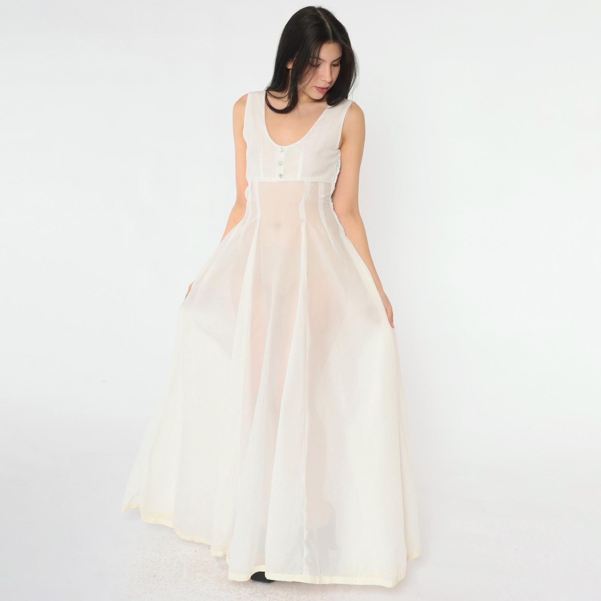 1940s Sheer White Sleeveless Gown Rhinestone Button Empire Waist Floor-Length Small