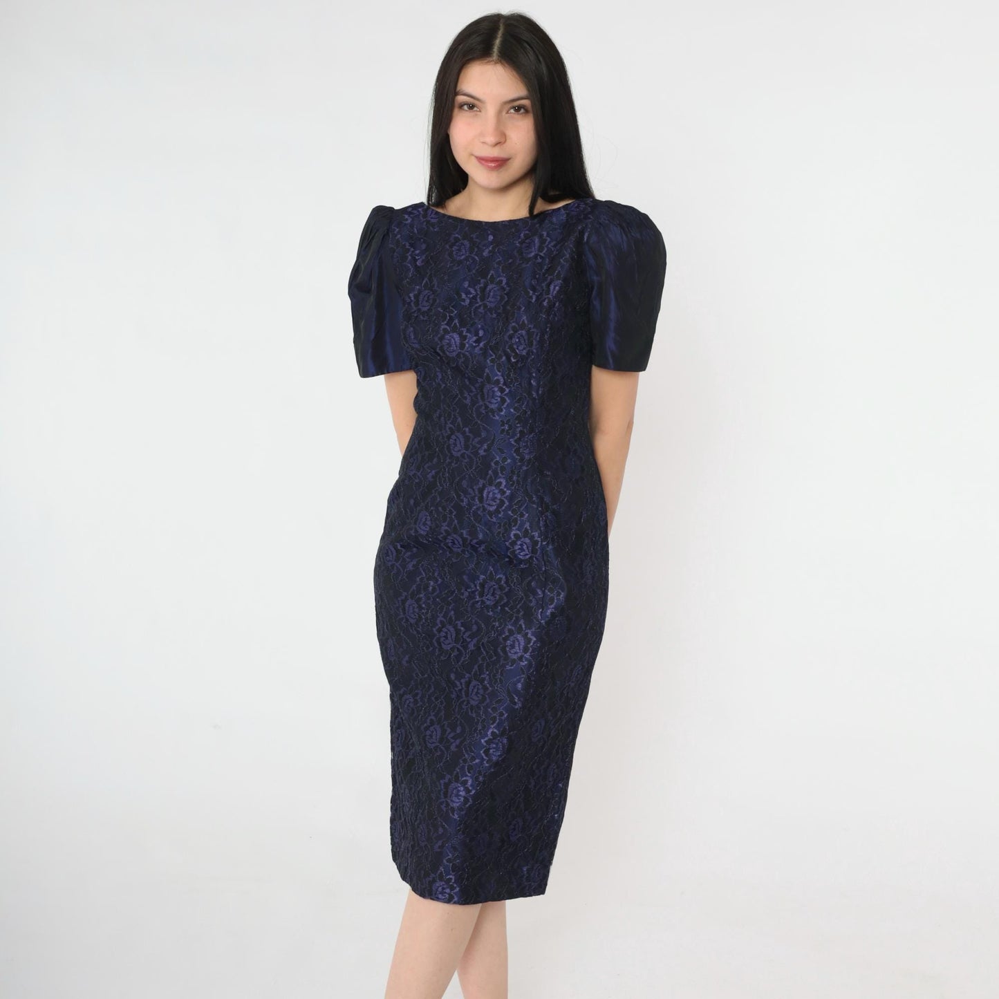 80s Purple Taffeta Lace Sheath Dress Puff Sleeve Boat Neck Knee Length Extra Small