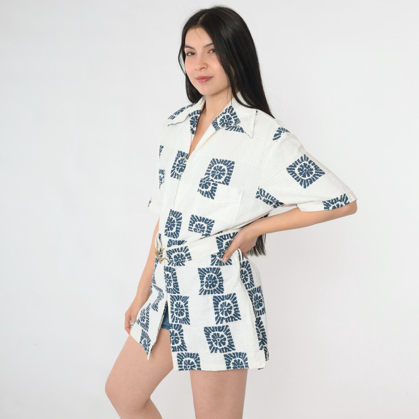 70s Iolani Hawaii Navy Sunburst Cotton Zip Shirt Geometric Print Large