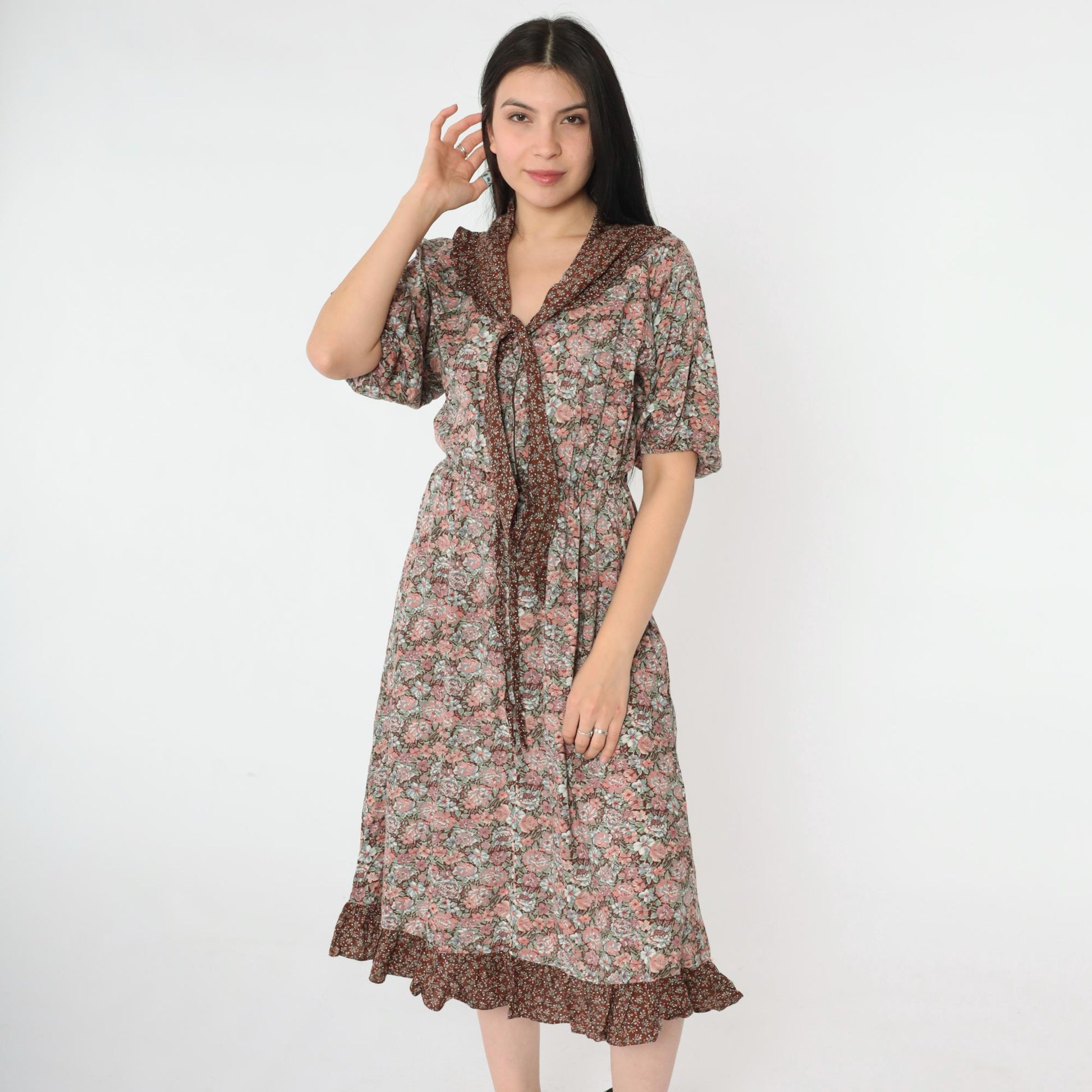 70s Oops California Floral Peasant Midi Dress Brown Pink Necktie Small