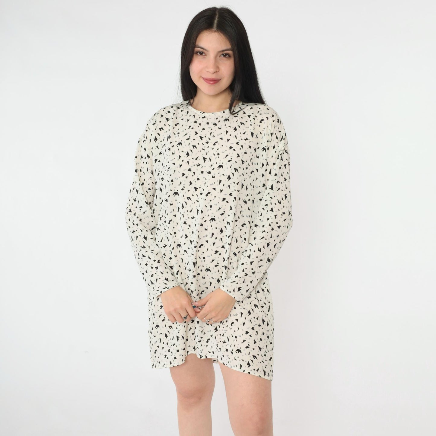 80s Evan-Picone Geometric Confetti Mini Dress Long Sleeve White Black Medium Large