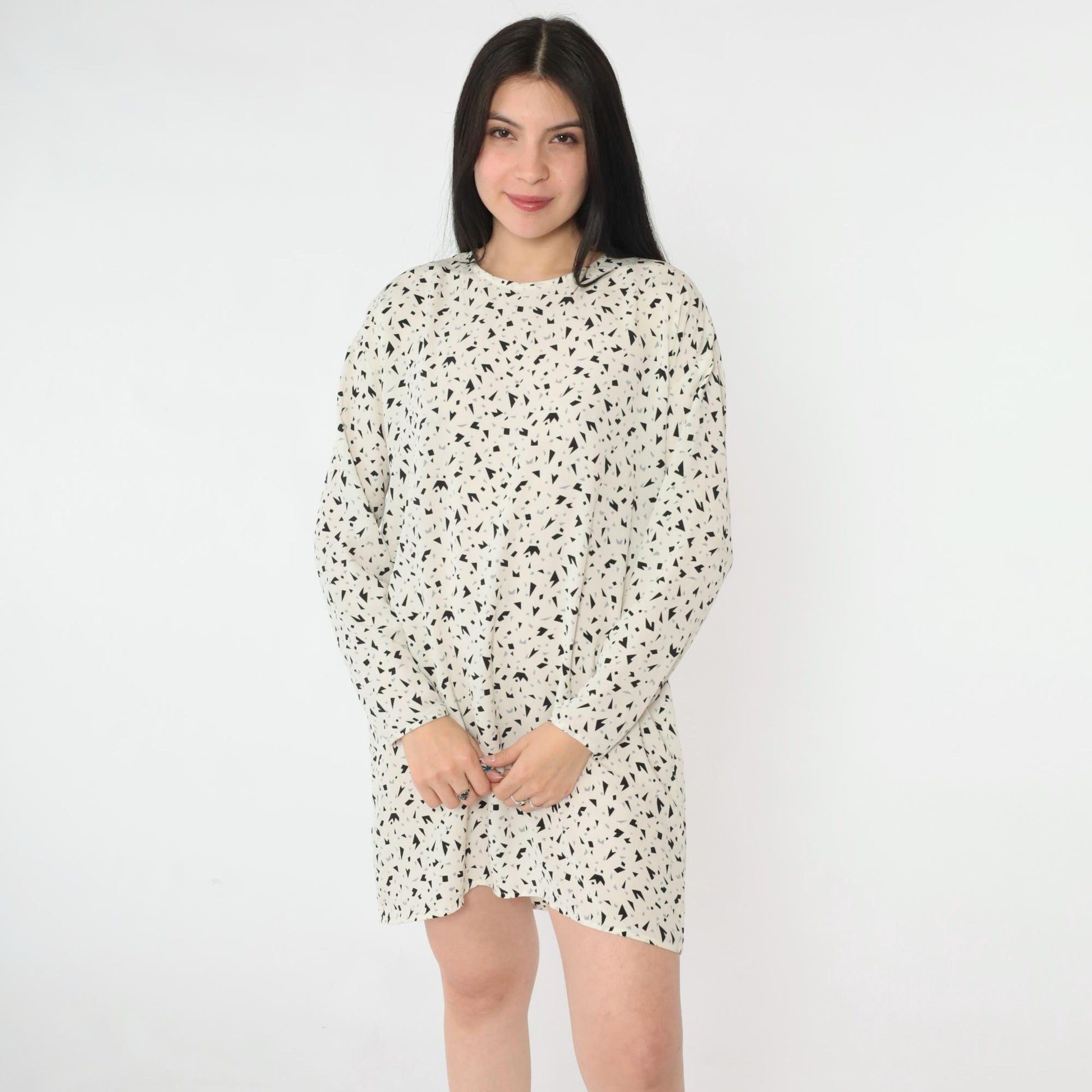 80s Evan-Picone Geometric Confetti Mini Dress Long Sleeve White Black Medium Large