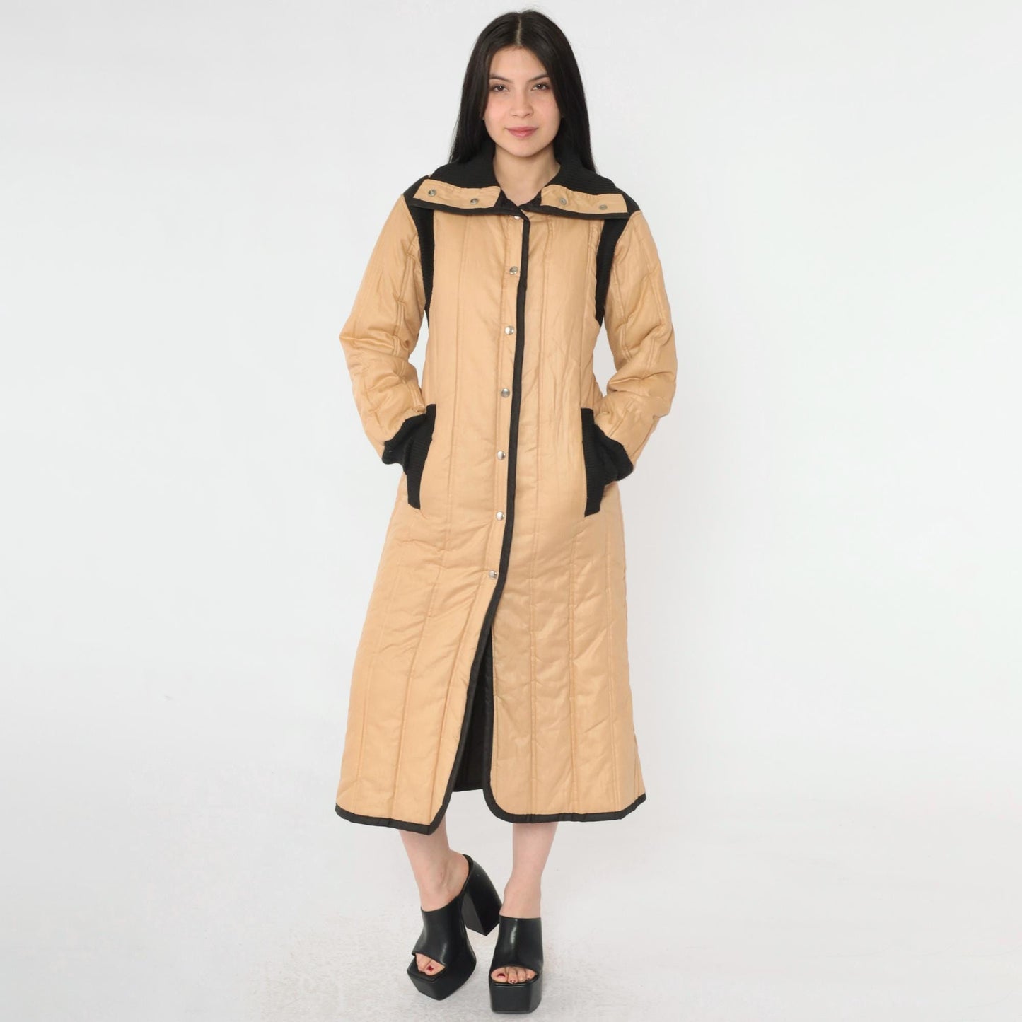 80s Furrrina Quilted Parka Tan Black Long Puffer Jacket Small
