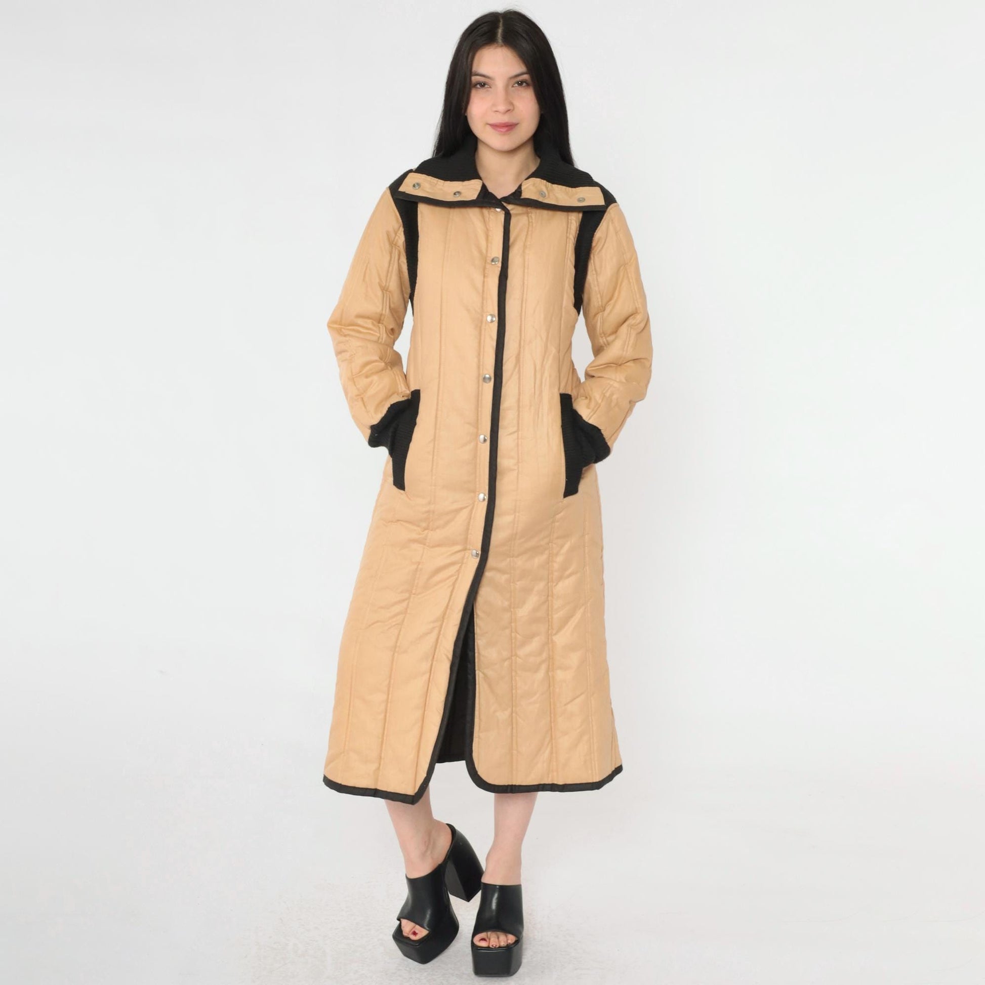 80s Furrrina Quilted Parka Tan Black Long Puffer Jacket Small