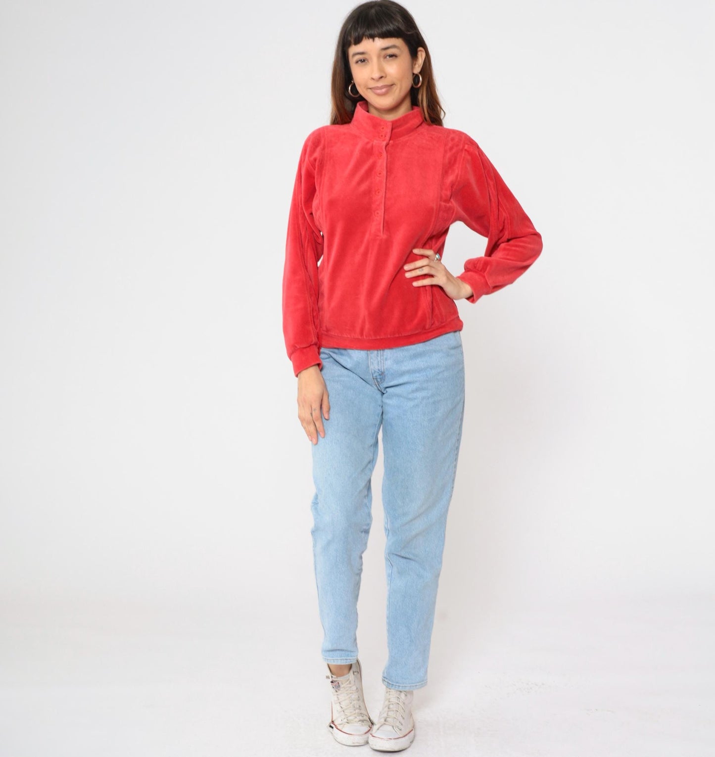 80s Red Velour Mock Neck Sweatshirt Button Front Pullover Medium M