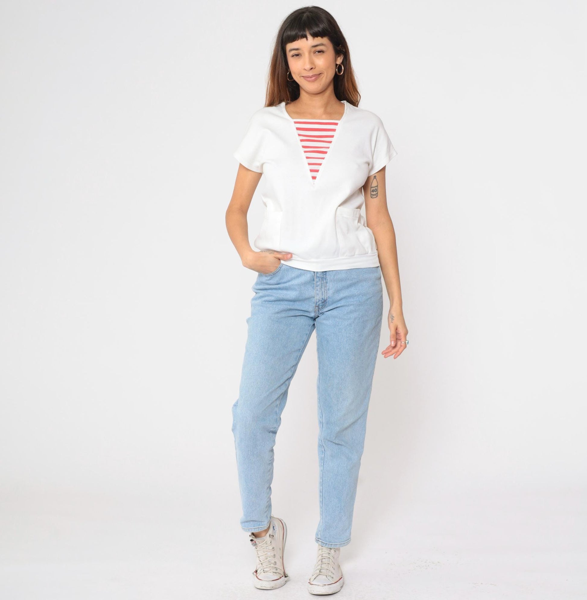 80s White Red Striped T-Shirt Nautical Pocket Tee Short Sleeve Small S