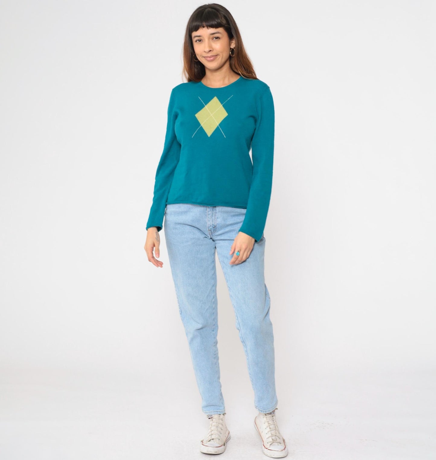 Charter Club Teal Argyle Wool Pullover Crewneck Sweater Large L