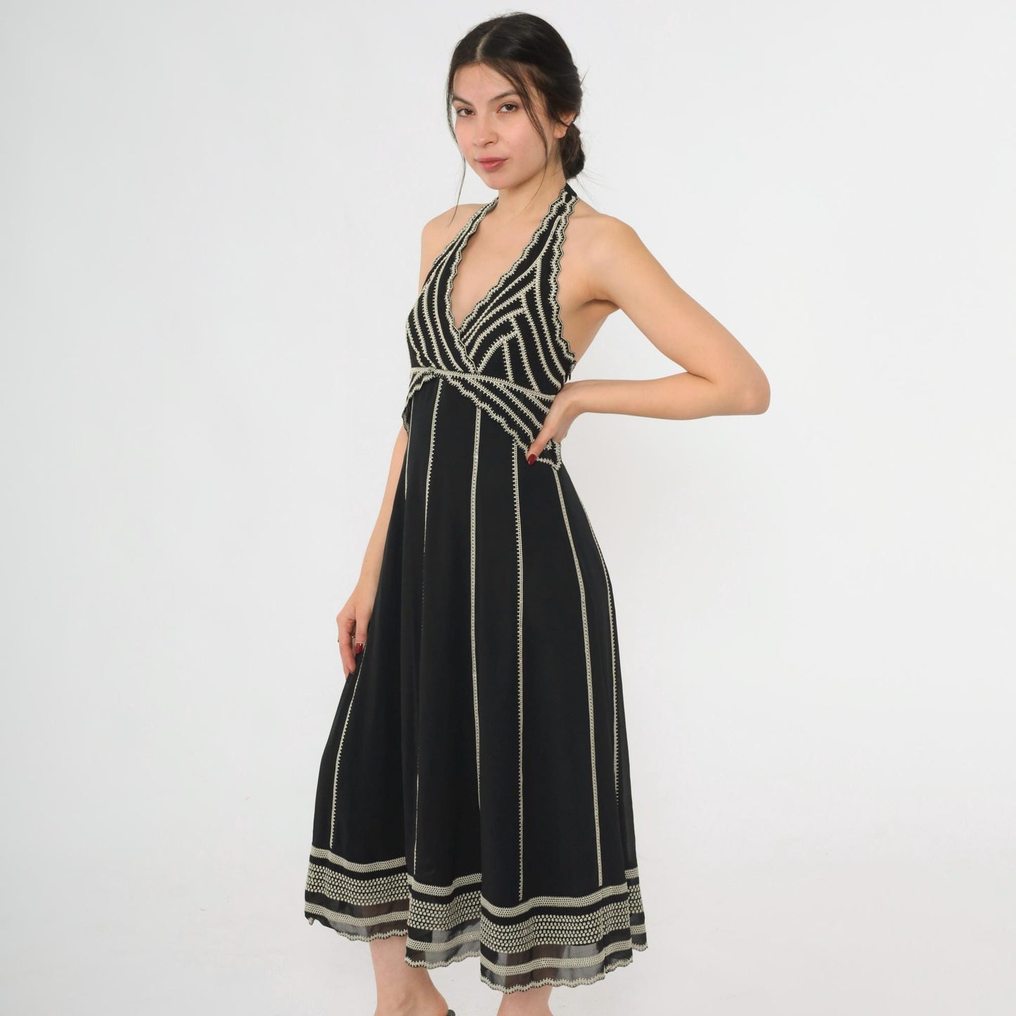 Y2K Eliza J Black Halter Midi Dress Embroidered Beaded Empire Waist Small 6