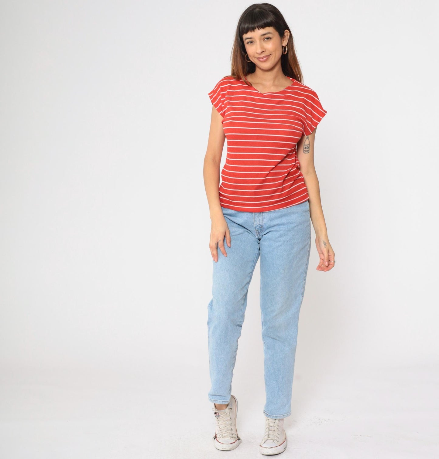 80s Red White Striped Cap Sleeve T-Shirt Gotham Vintage Small