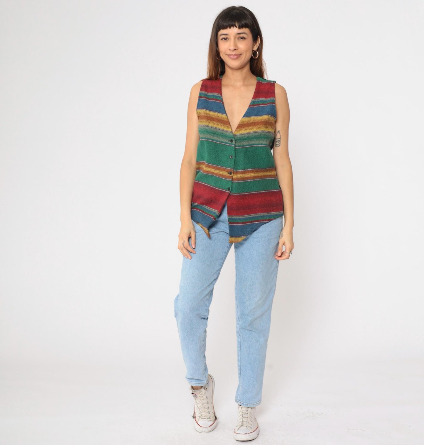 90s Striped Southwestern Woven Vest Multicolor V-Neck Button-Up Small