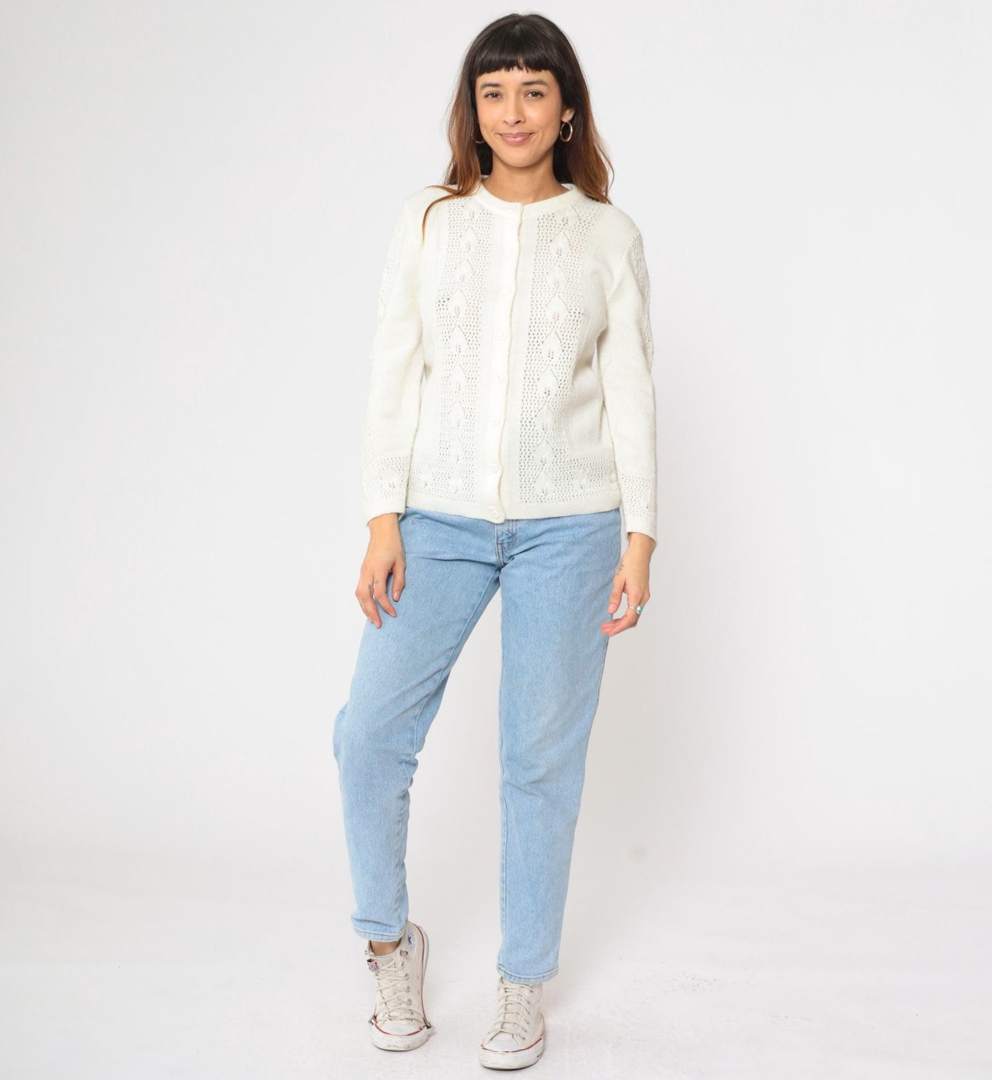 80s White Openwork Cardigan Leaf Motif Button-Up Crew Neck Small