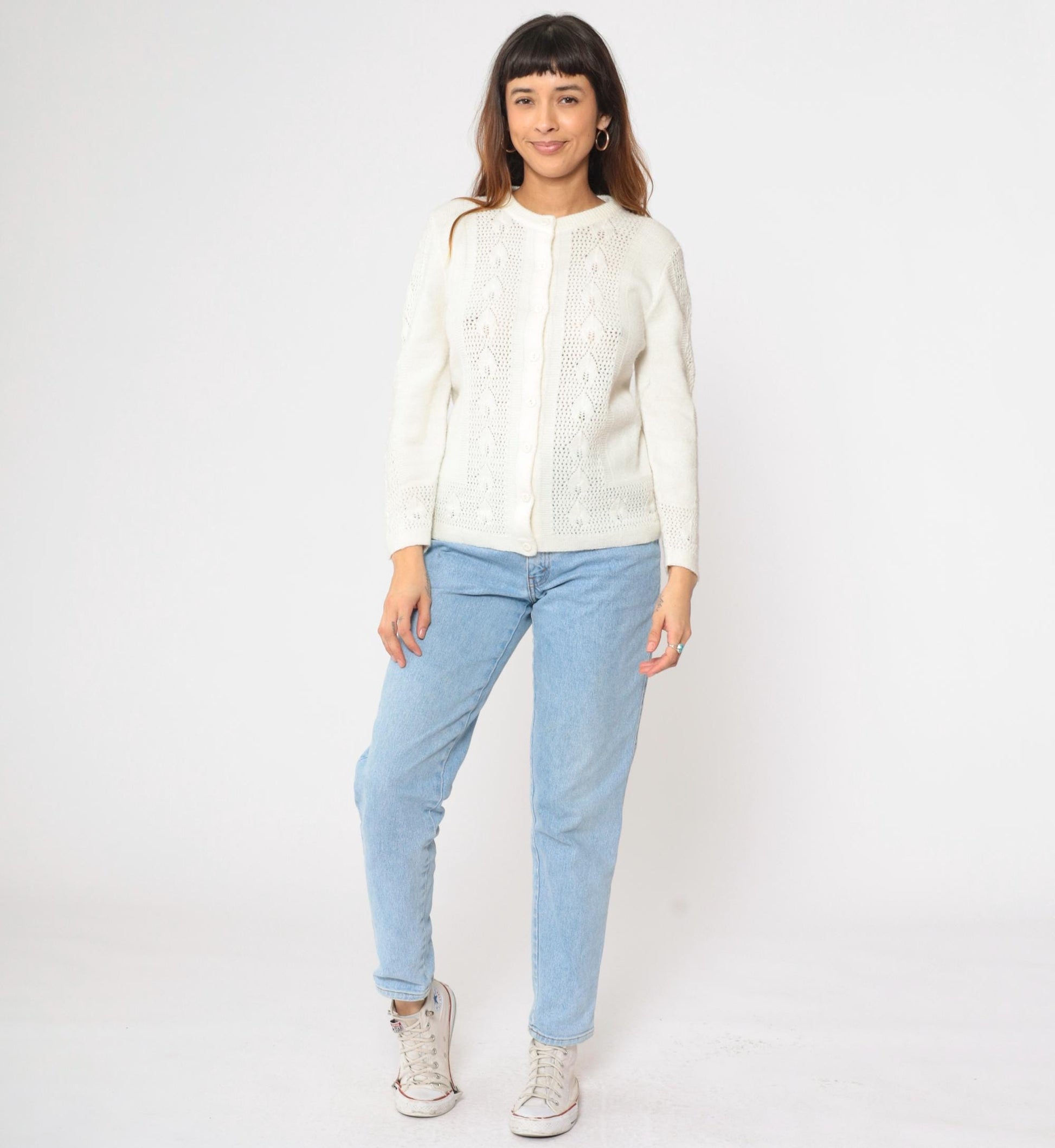 80s White Openwork Cardigan Leaf Motif Button-Up Crew Neck Small