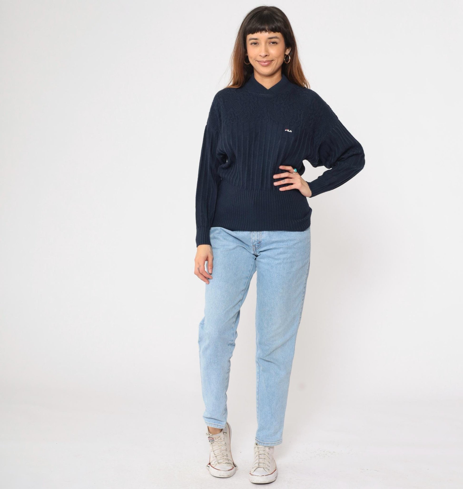 90s FILA Navy Wool Pullover Sweater Shawl Collar Ribbed Knit Small