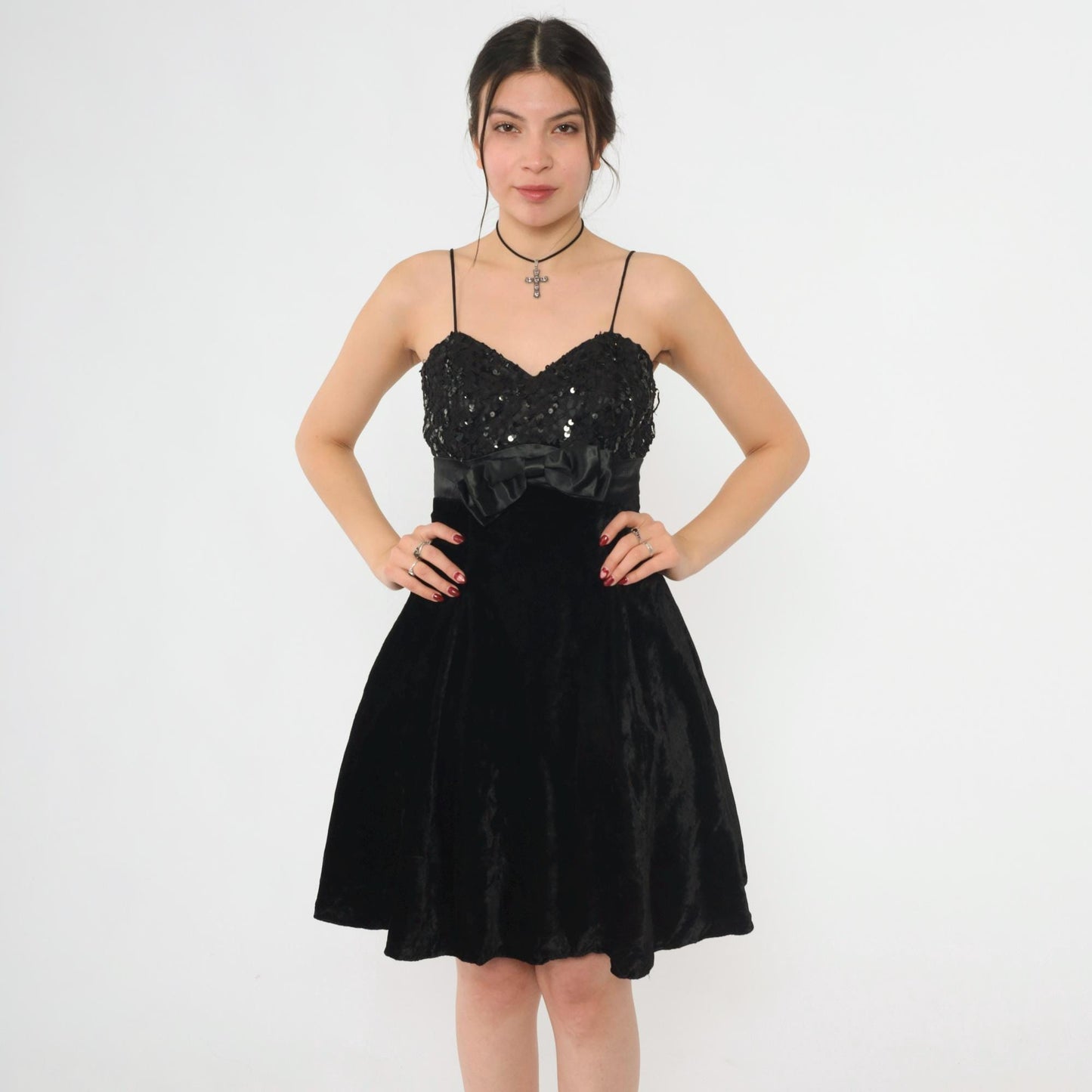 80s Black Velvet Lace Sequin Mini Dress Sweetheart Spaghetti Strap Empire Waist Extra Small