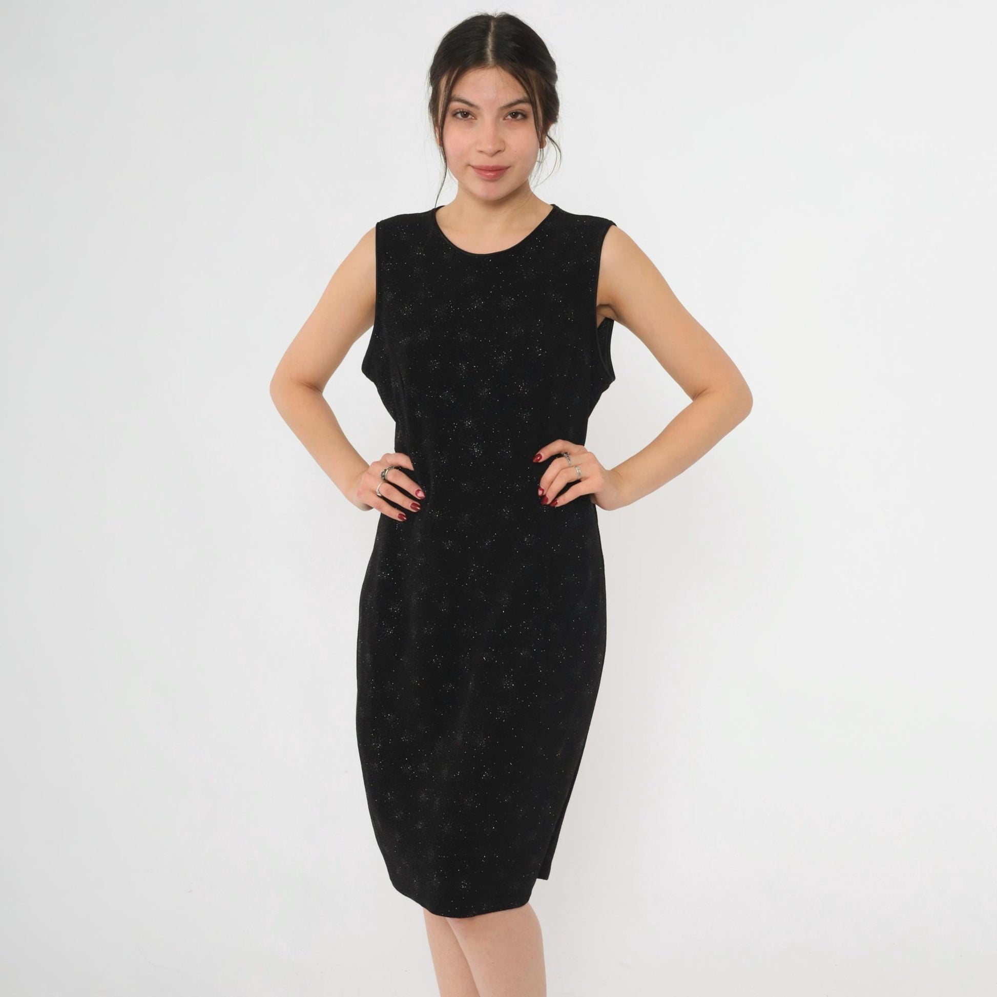 90s Onyx Nite Black Glitter Starburst Keyhole Back Midi Dress Large