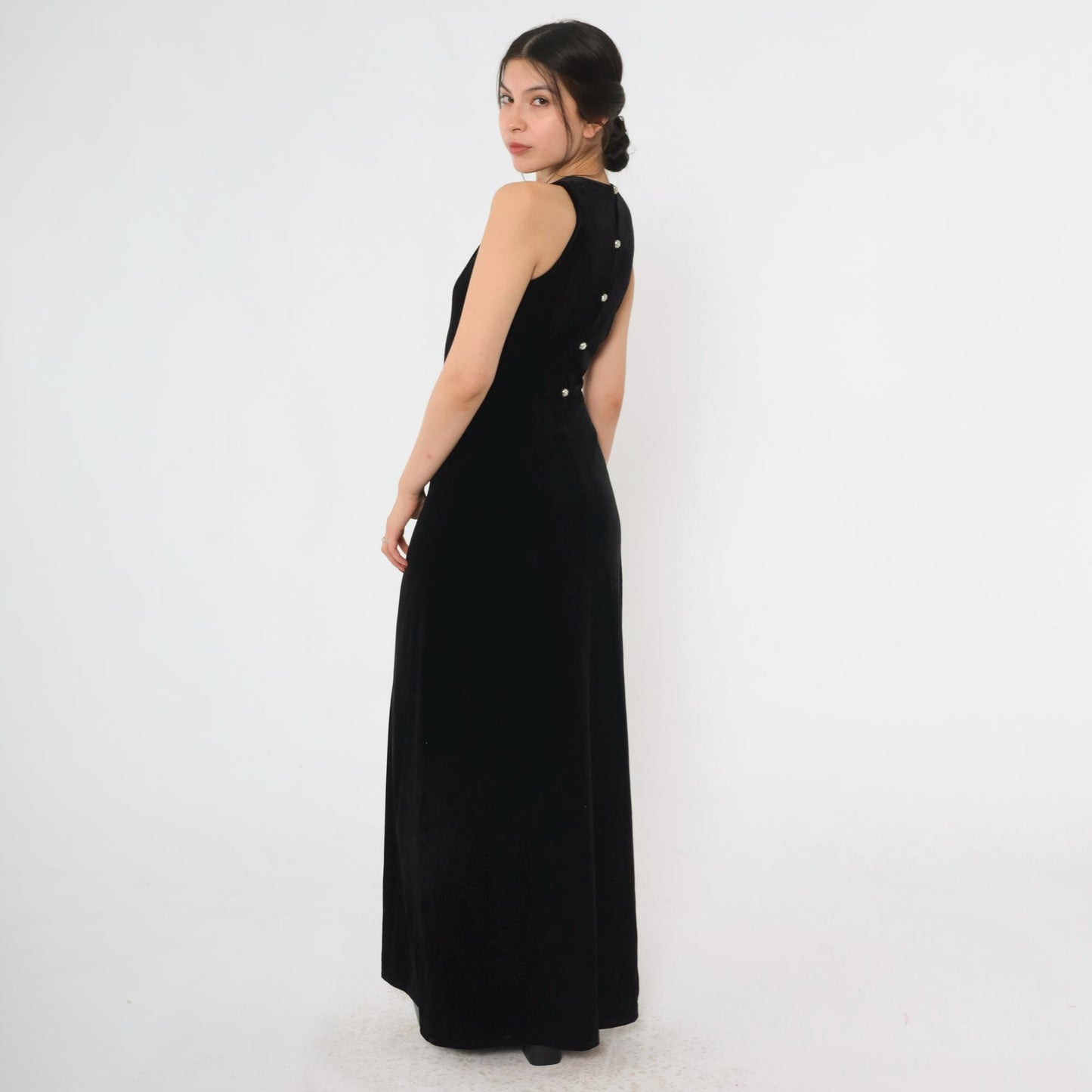 90s Papell Boutique Black Velvet Maxi Gown Rhinestone Back Sleeveless Small 4