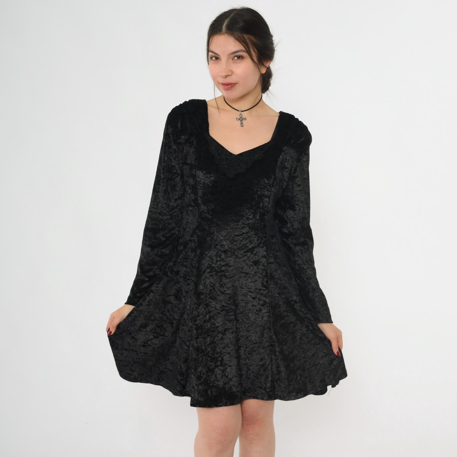 90s Black Crushed Velvet Mini Dress Lace Trim Long Sleeve Medium M