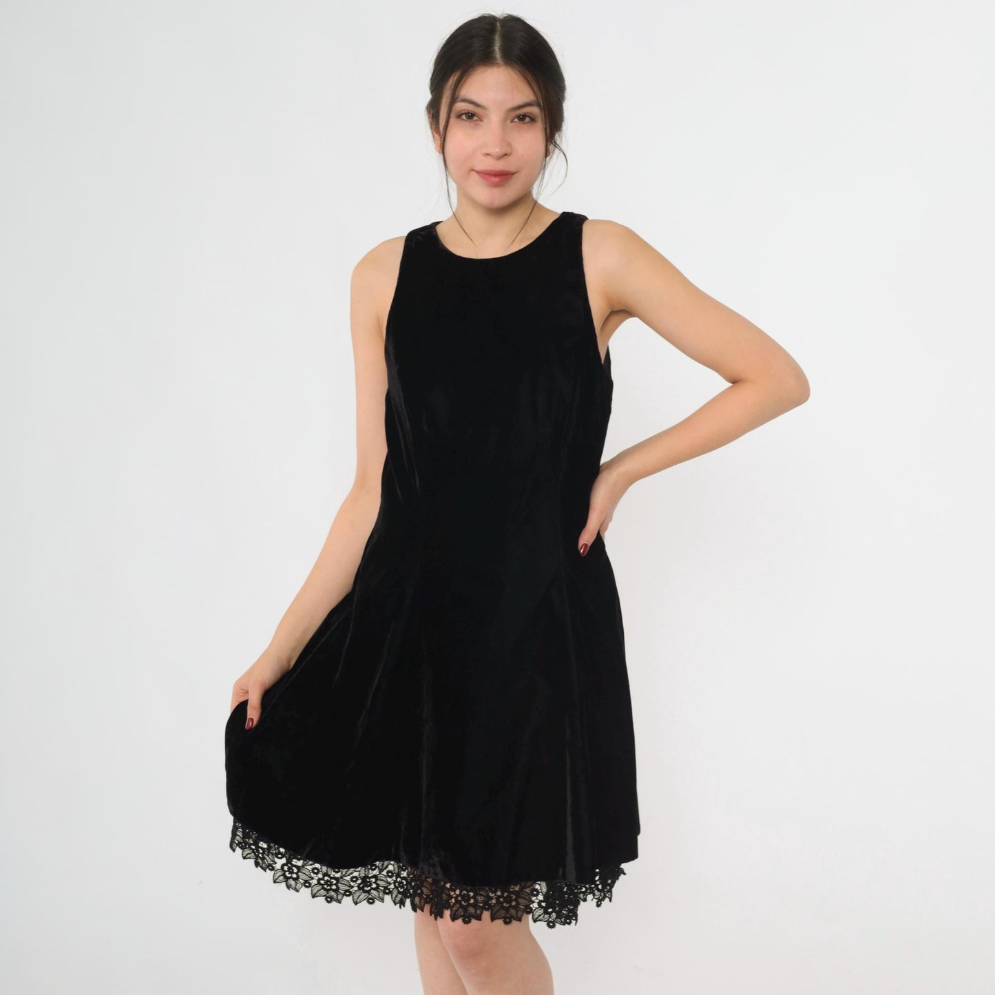 90s Black Velvet Mini Dress Lace Trim Jewel Neck A-Line Sleeveless Small