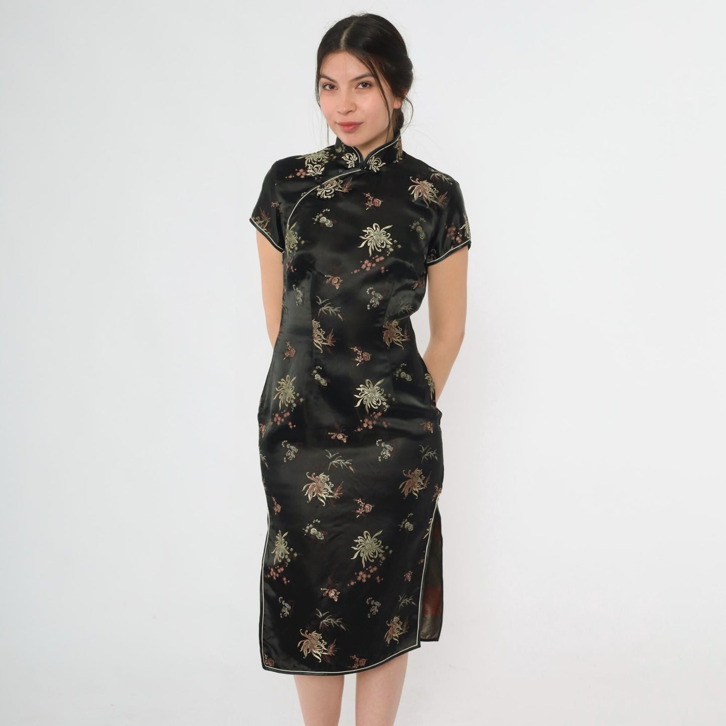 90s Black Silk Cheongsam Midi Dress Floral Embroidery Mandarin Collar Extra Small