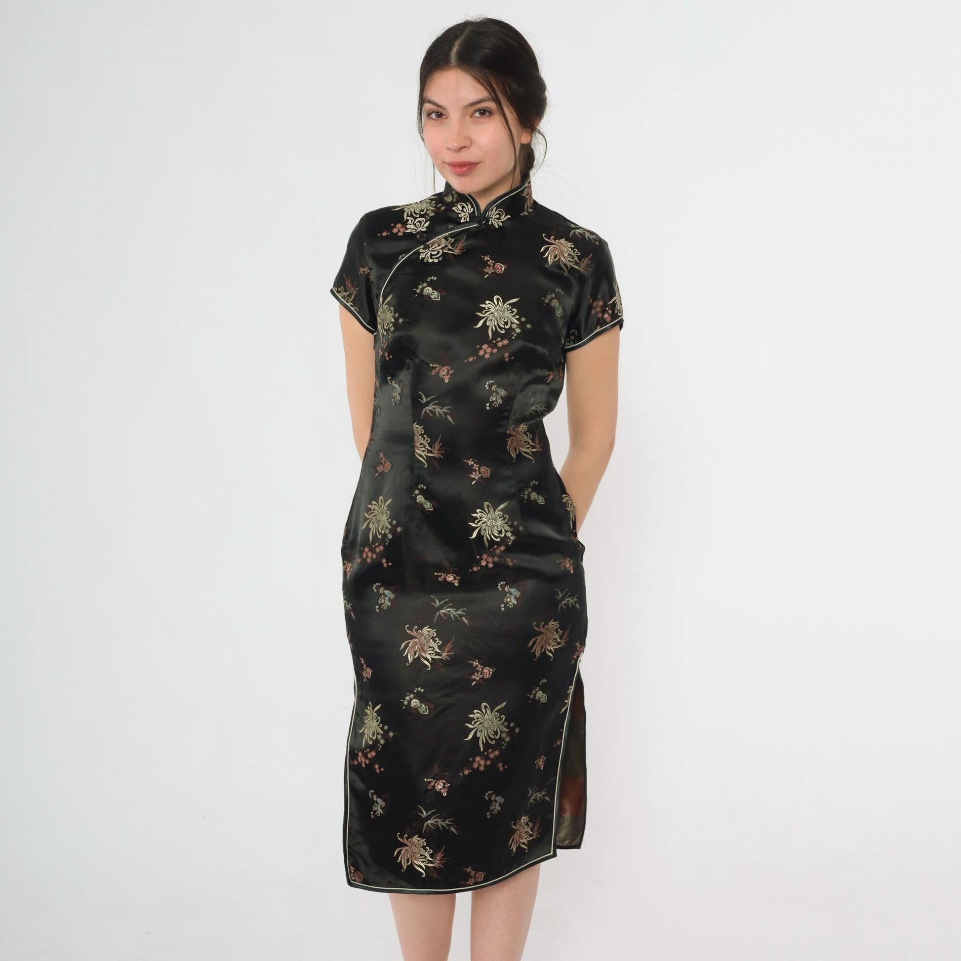 90s Black Silk Cheongsam Midi Dress Floral Embroidery Mandarin Collar Extra Small