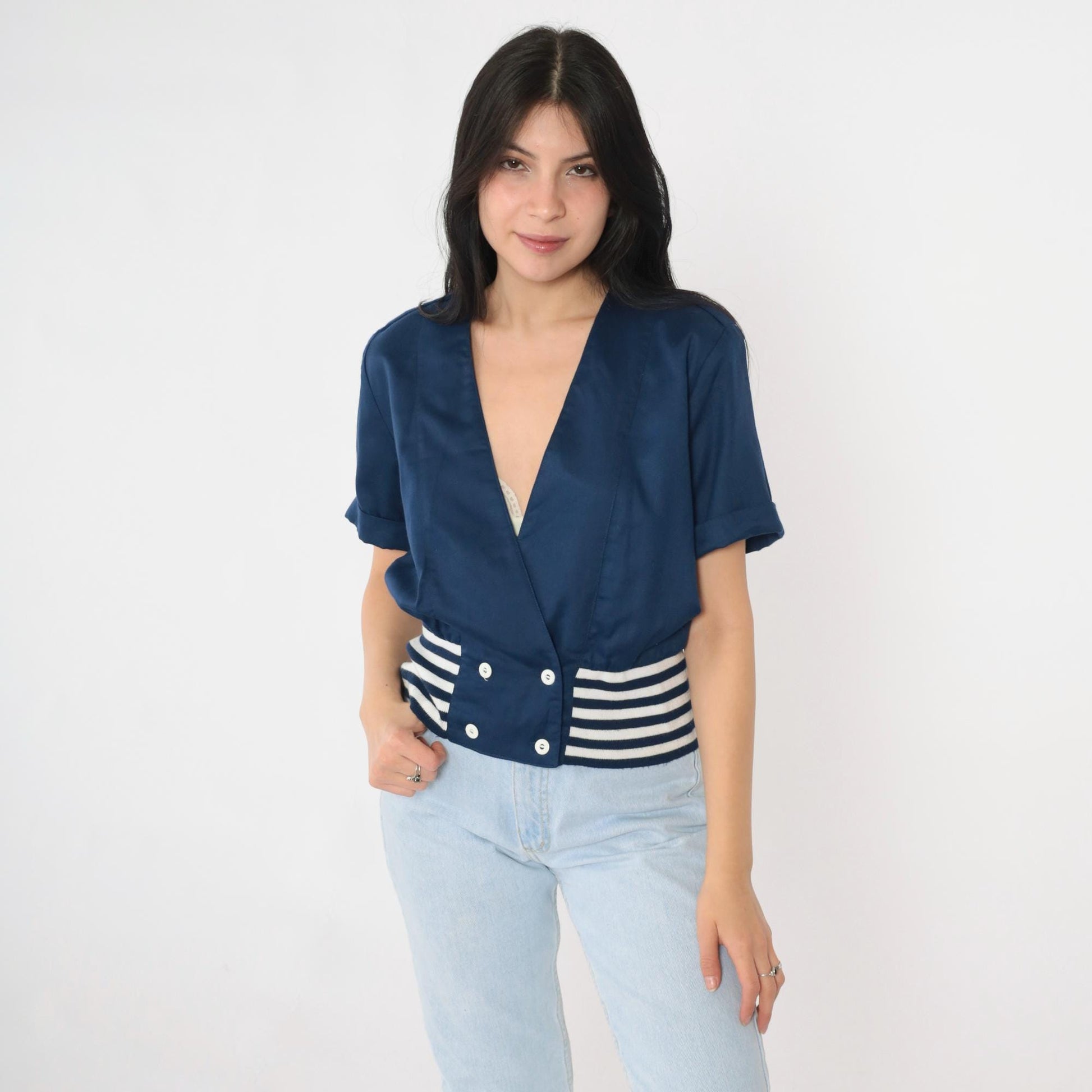 80s Lanz Nautical Striped Button-Up Blouse Deep V-Neck Dark Blue White Medium